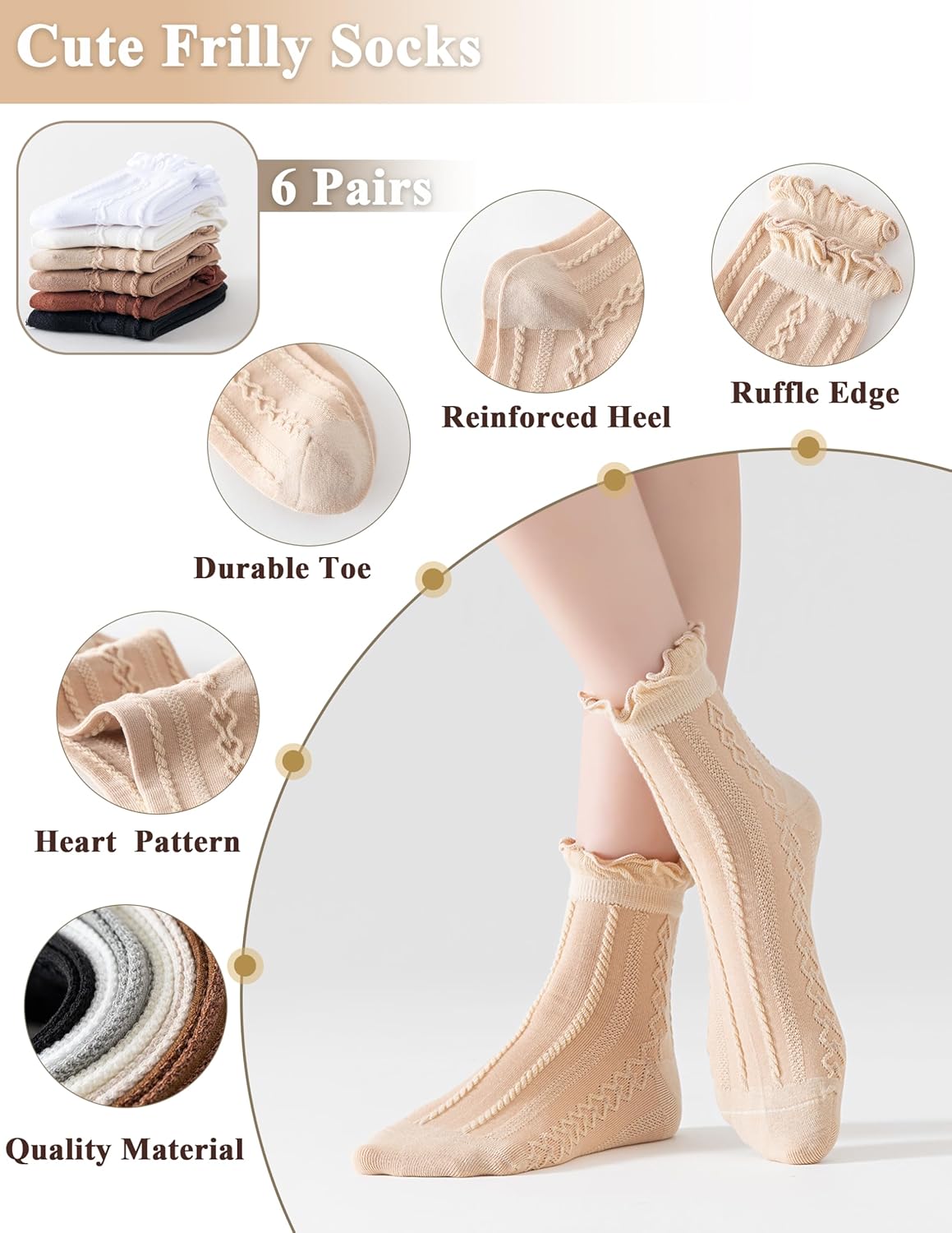 Women's Ruffle Socks,Cute Knit Patterned, Ankle Casual Fashion Dress Socks,Thin Lettuce Frilly Cuff for Girls 6 Pack - Image 6