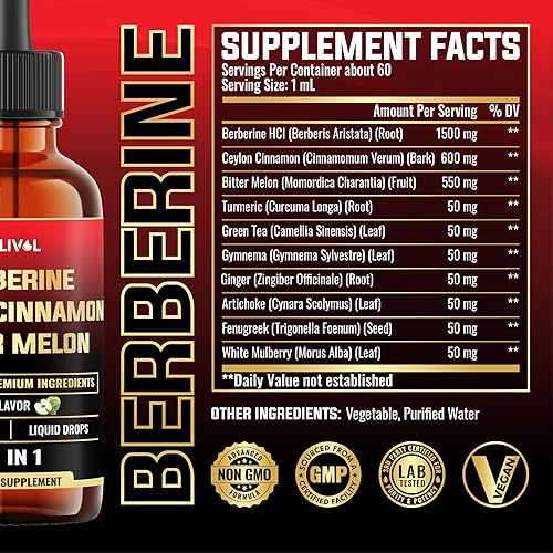 Miniatura 2 de Gotas líquidas de berberina 10 en 1 con canela de Ceilán, melón amargo, cúrcuma, jengibre, Gymnema Sylvestre y más, 2 onzas líquidas