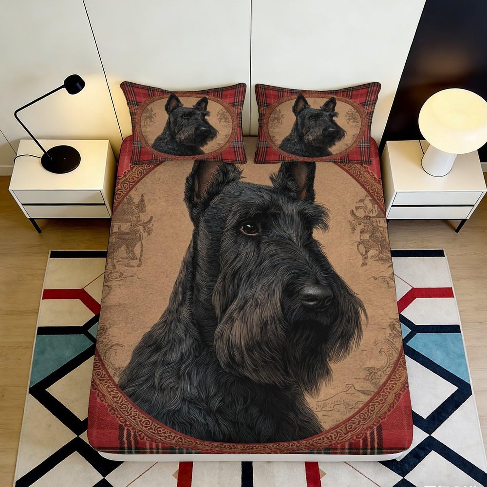 3D Printed Scottish Terrier Pattern Fitted Sheet Microfiber Soft Deep Pocket Dog Mattress Fitted Cover for Bedroom 160x200x25cm