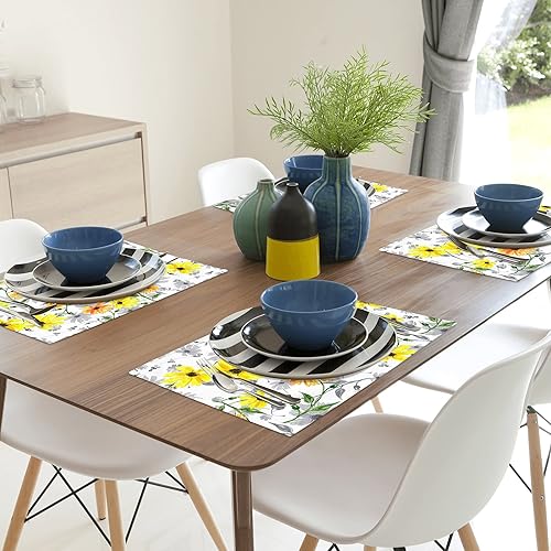 Miniatura 6 de Juego de 4 manteles individuales de color limón, lavables de lino negro, manteles individuales florales para verano, cocina, mesa de comedor,