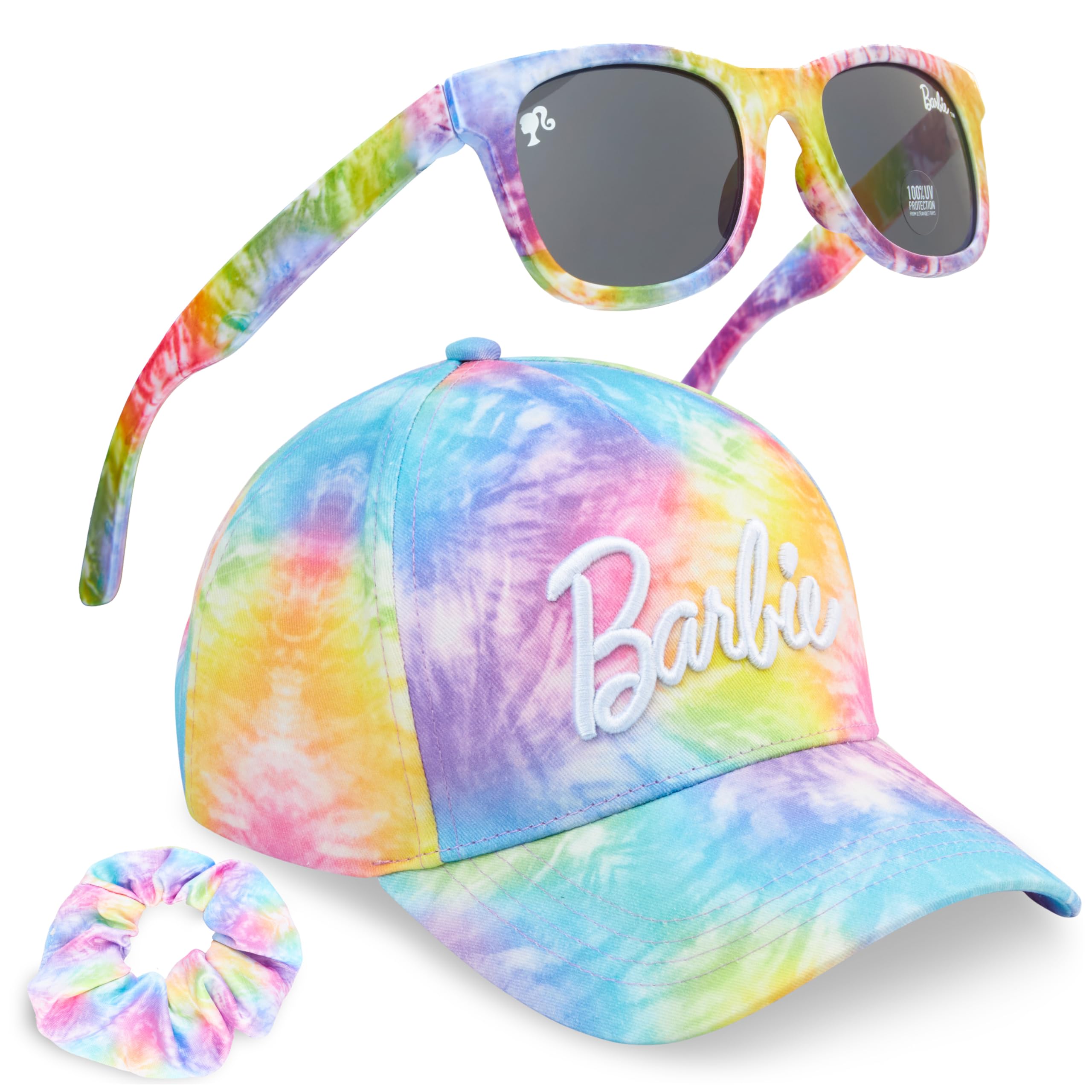 Get Trend Barbie Girls Baseball Cap, Sunglasses & Scrunchie Set 8-14 Yrs, Adjustable Hat 100% UV Shades, Holiday Accessories (Multi Barbie)