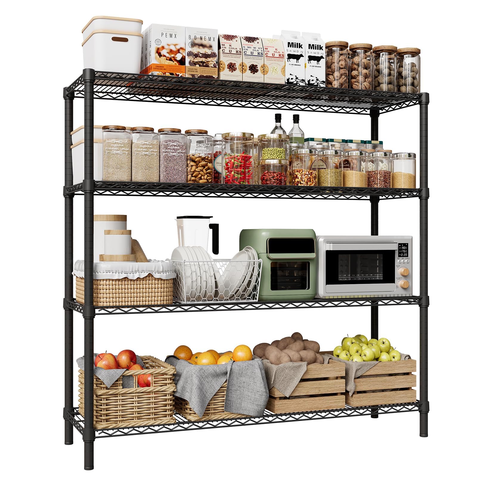 GarveeHome Scaffale in Metallo a 5 Ripiani – 47x17,7x72 cm – Portata Fino a 1500 kg – Ripiani in Filo Metallico Nero Regolabili – Per Garage, Cucina, Cantina e Magazzino