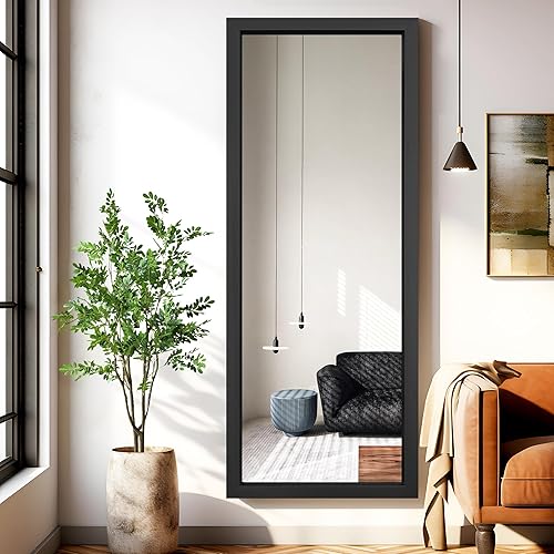 Trvone - Espejo de cuerpo entero con marco de madera maciza de piso con base de soporte también para pared en vertical y horizontal de dormitorio