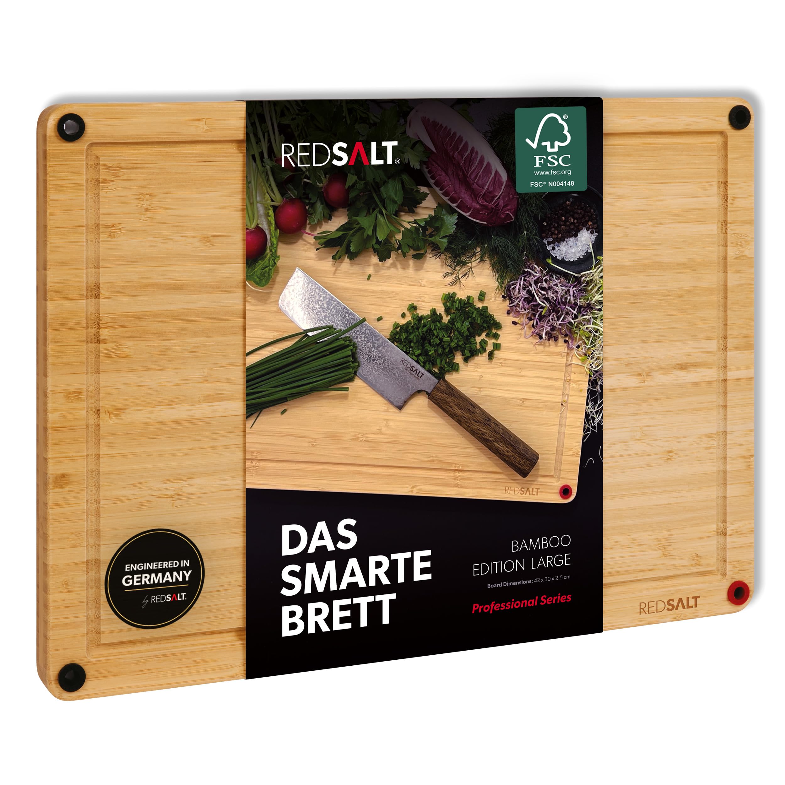 REDSALT® Grande planche à découper en bambou| L 42x30x2,5cm|Utilisable des deux côtés|Antidérapante|Rainure profonde|Planche en bois de qualité supérieure pour la cuisine et le barbecue|Cadeau durable