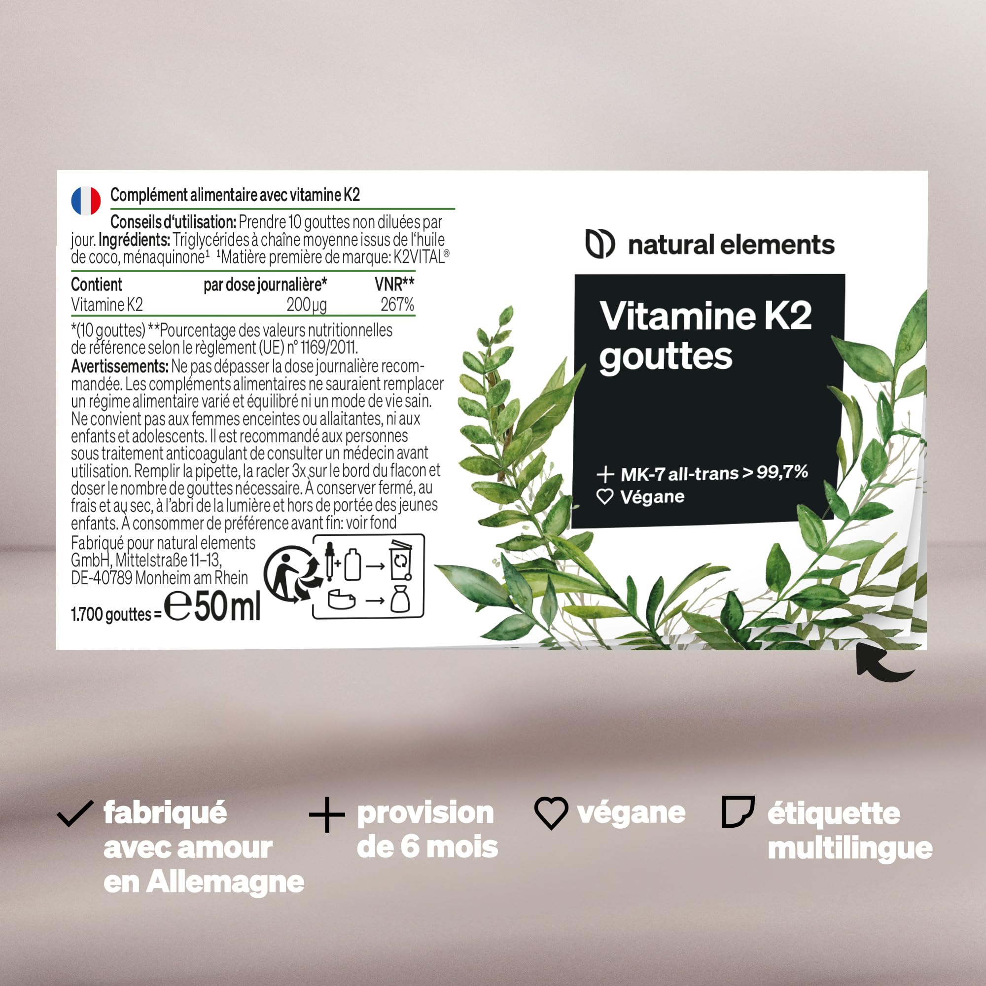 200 µg de vitamine K2 MK-7 – 1 700 gouttes (50 ml) – teneur all-trans >99,7% (K2VITAL® de Kappa) – produit testé en laboratoire, végan, fortement dosé