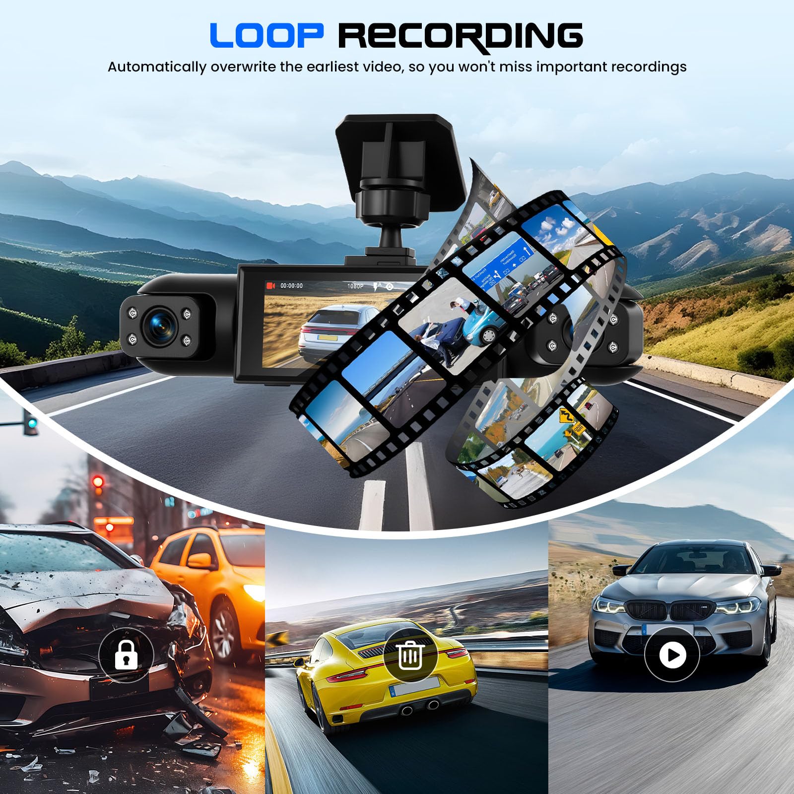 CAMECHO Dashcam 4 Canales 1080P, visión 360° para Coche, 4 cámaras Ajustables, Pantalla 3.16", guías de Aparcamiento, Compensación de exposición, grabación en Bucle, Montaje Sencillo