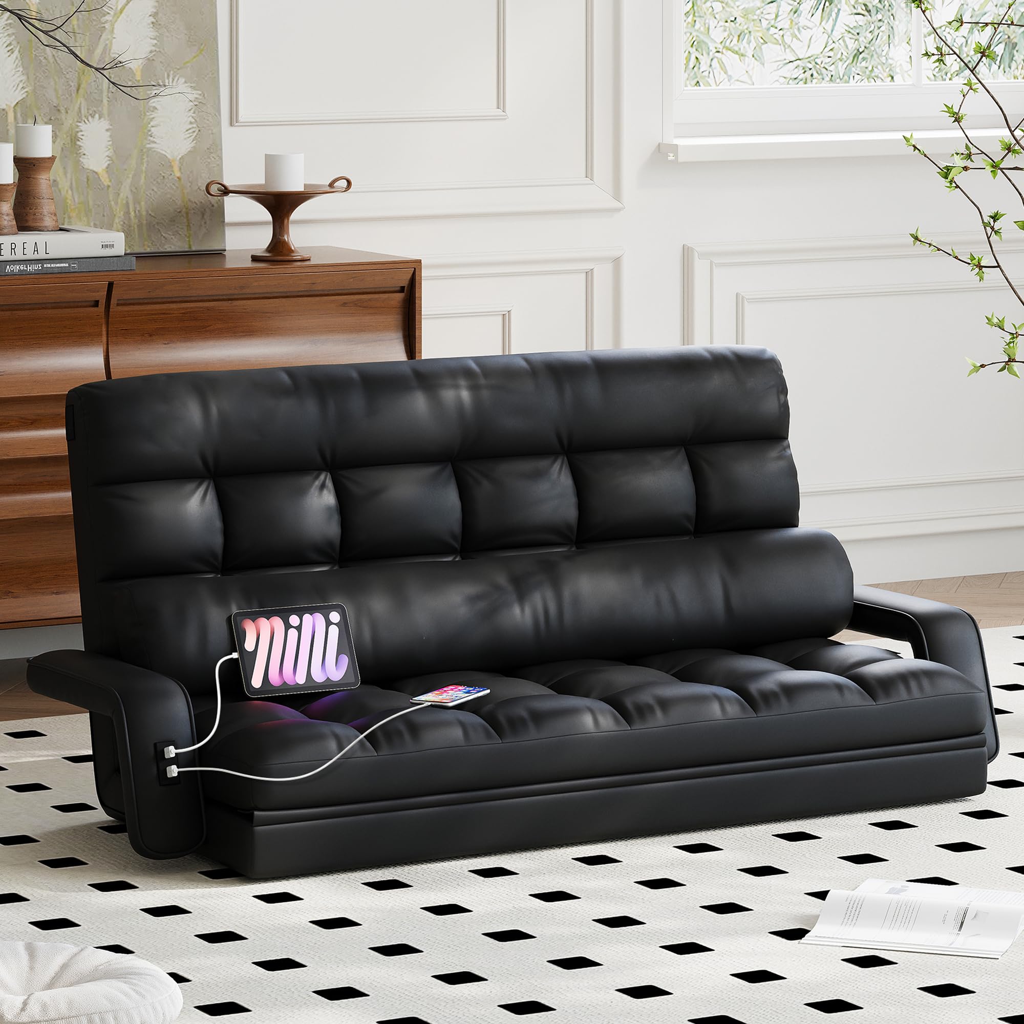 STHOUYN Comfy Floor Lounge Sofa Bedroom with 2 USB Charging Ports, 5-Position Couch Gaming Lounge Chairs, Indoor Folding Lazy Sleeper Sofa Living Room (Black Leather)