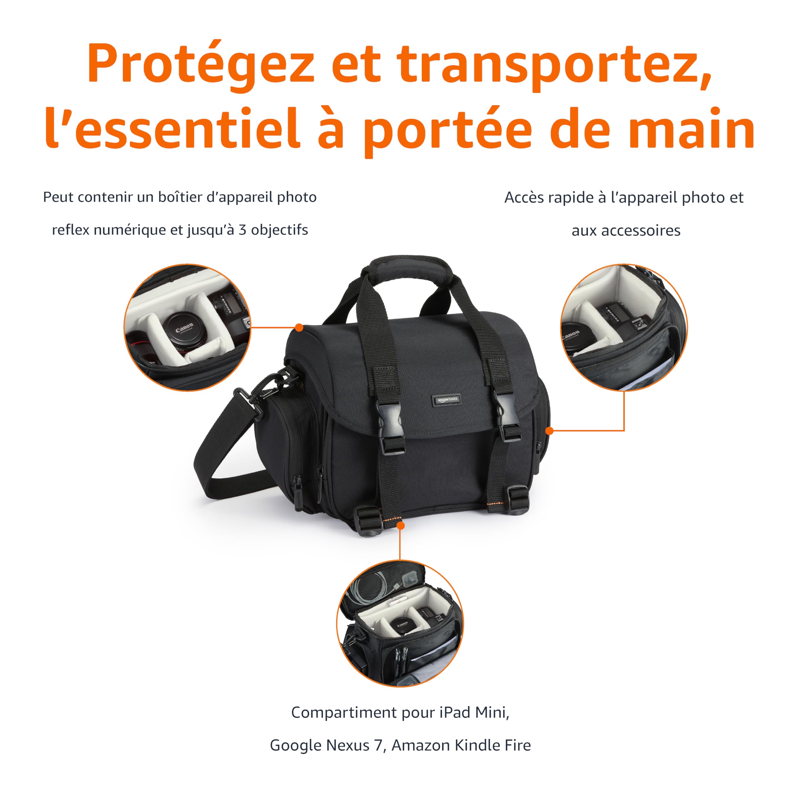 Amazon Basics Sac à Épaule pour Appareil Photo SLR et Accessoires, Grand, Sangle Réglable, Imperméable, Antichoc, Uni, Taille L, Rembourré - Noir/Gris