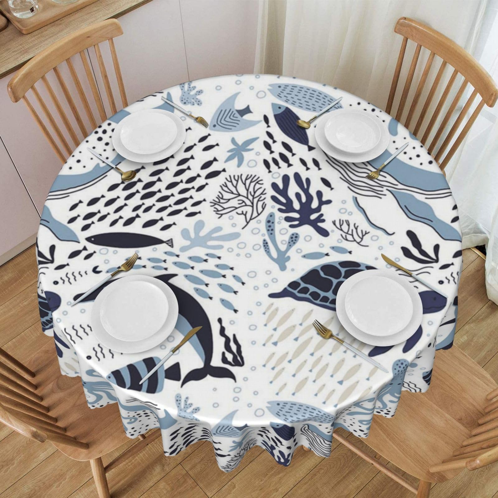 DCEHGEW 60 In Round Tablecloth with Lace, Turtle Octopus Pattern Printed Oilproof & Washable Fabric Picnic Table Cloth Table Covers