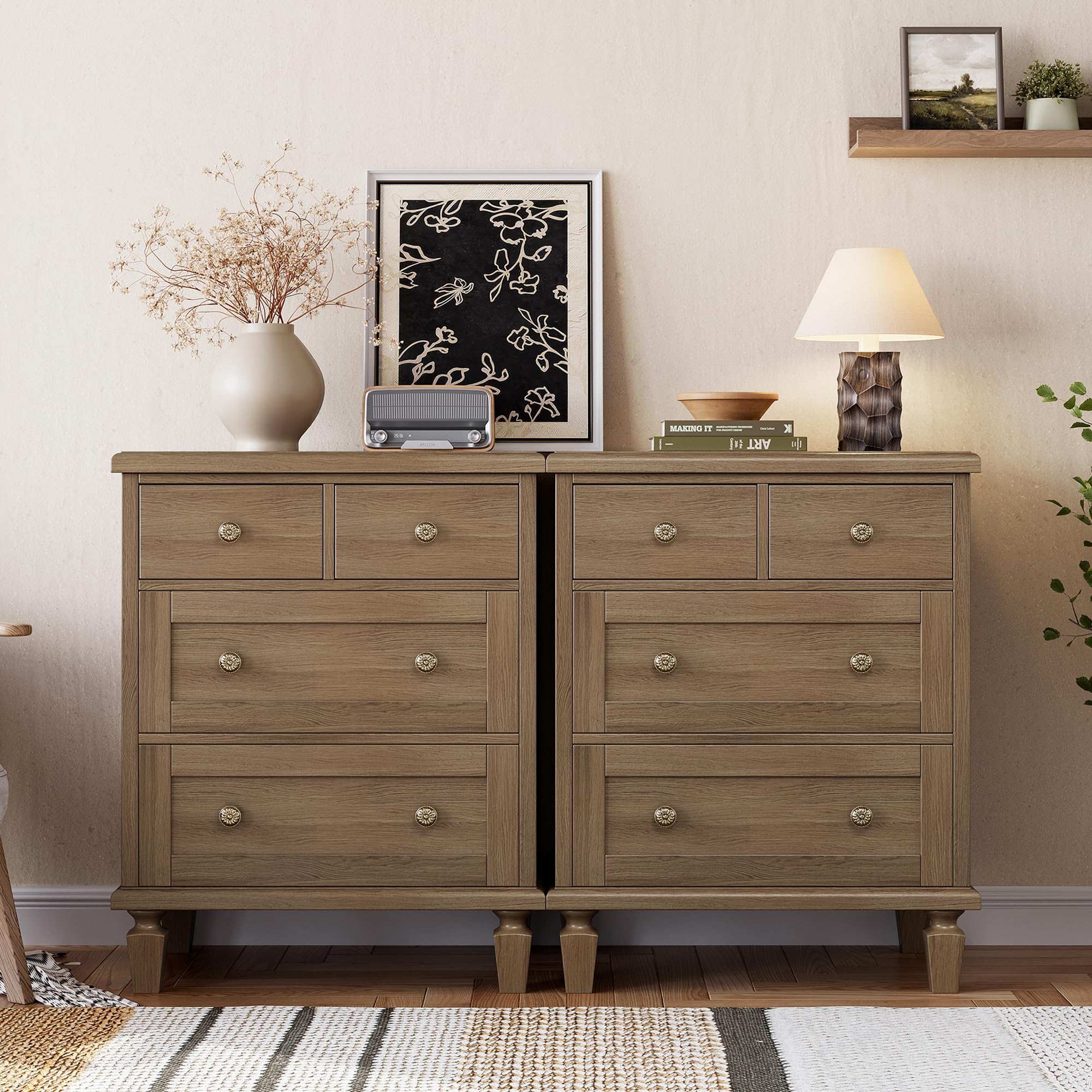 IDEALHOUSE Vintage Kommode mit 4 Schubladen, Holz-Schubladenschrank mit 2 kleinen & 2 großen Schubladen, Geschnitzte Griffe & konische Beine, Hellbraun