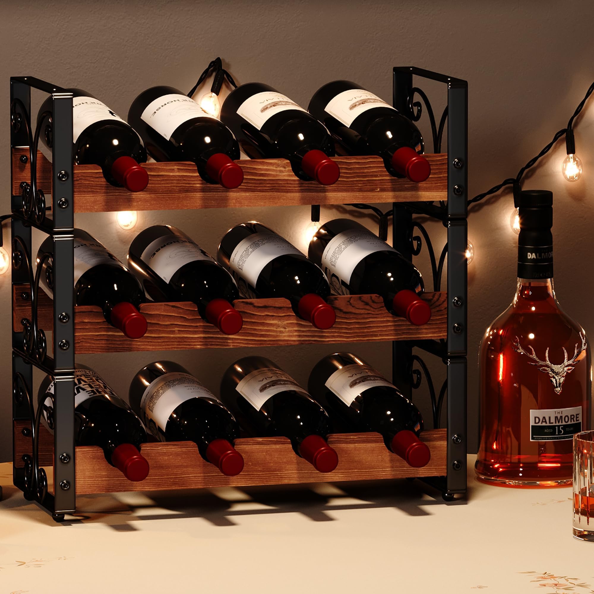 X-cosrack Wine Rack Countertop, 3-Tier 12 Bottles Small Wine Rack Stackable for Inside Cabinet, Solid Wood & Wrought Iron Wine Bottle Holder, Wine