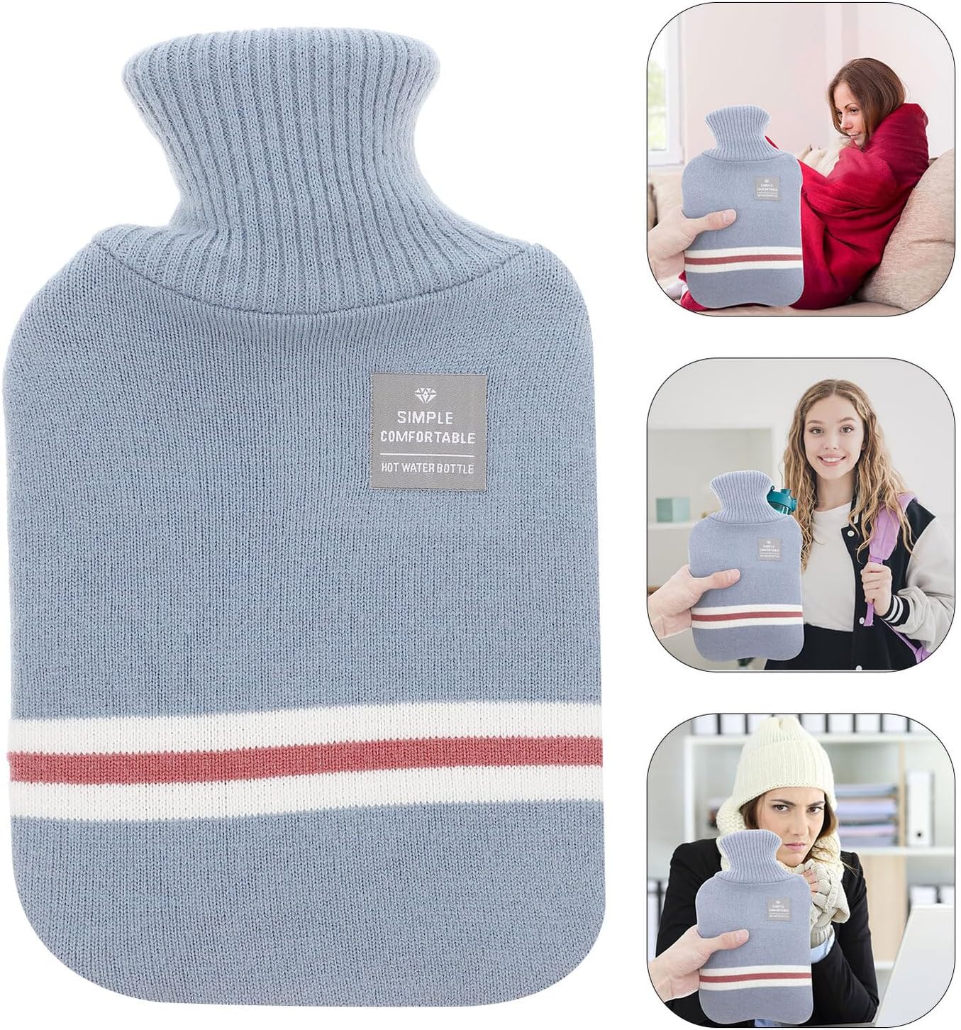 Ciieeo Hot Water Bottle with Knitted Cover 1000ml Large Rubber Warm Water Bag for Winter Hand and Feet Heating Portable Heat Therapy for Students