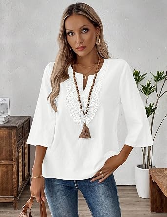 LOMON Womens 3/4 Sleeve Tops Cotton Linen Shirts V Neck Lace Casual Loose Fit Blouses Boho Fashion