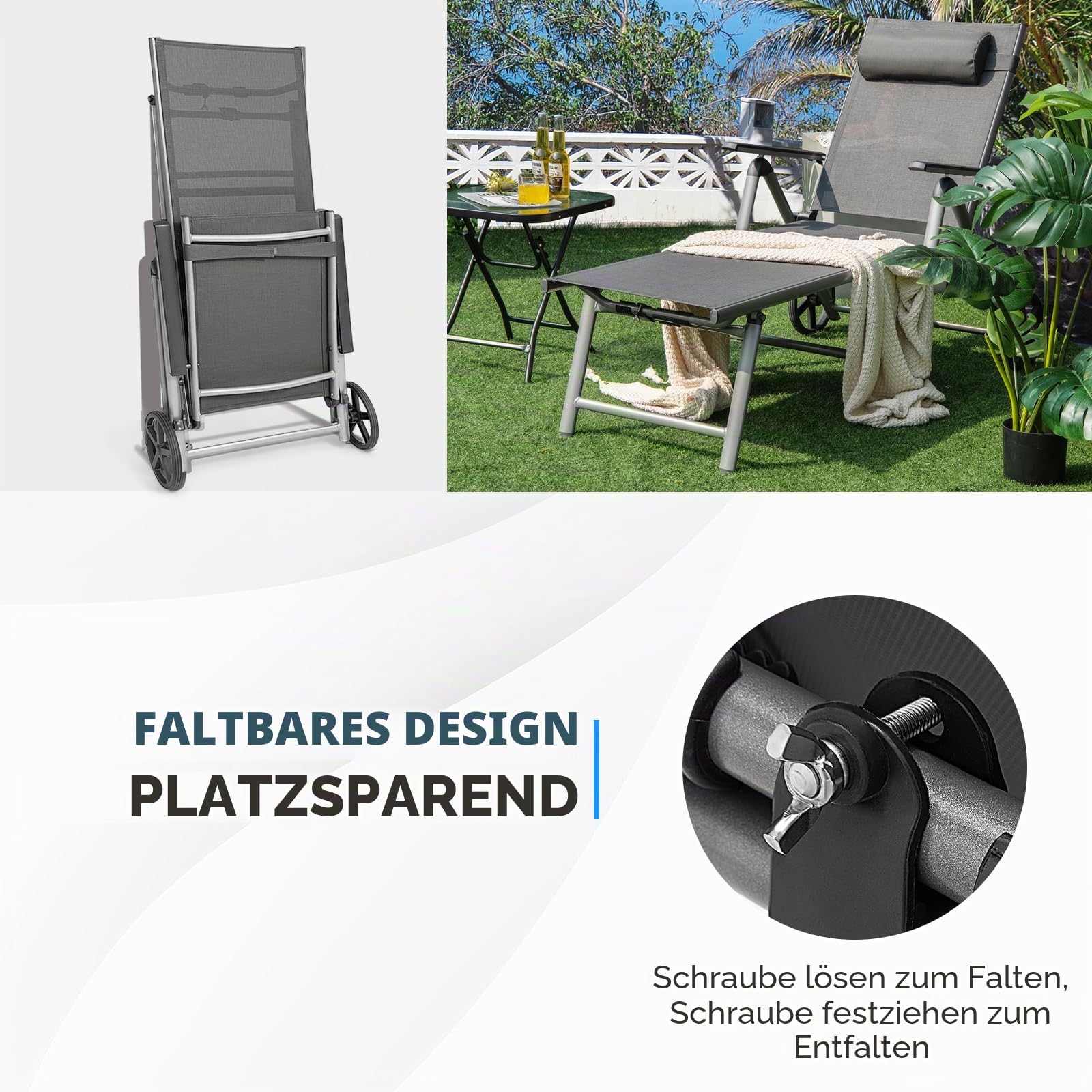 KOMFOTTEU Gartenliege mit Rollen, Klappliege aus Aluminium, Liegestuhl mit 7-Fach Verstellbarer Rückenlehne, Sonnenliege mit Abnehmbarer Kopfstütze für Strand, Pool