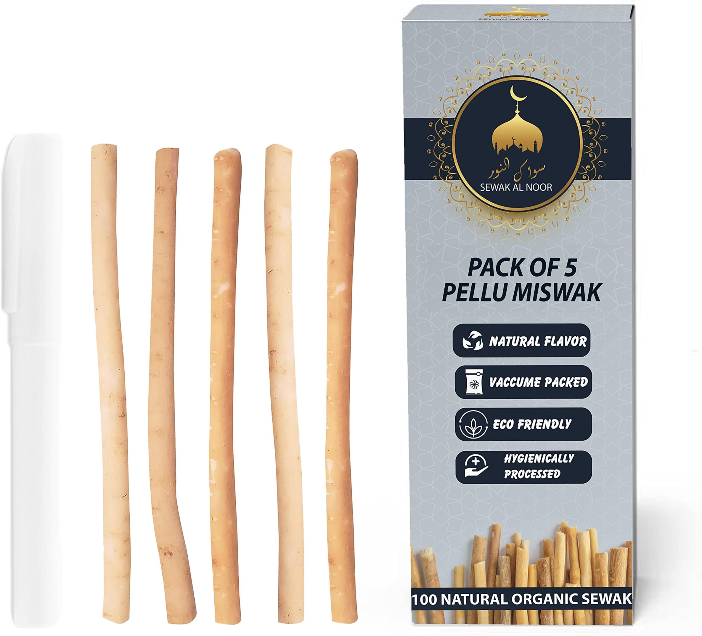 Sewak Al Noor Pack of 5 Miswak Sticks for Teeth with Holder Vacuum Sealed Natural