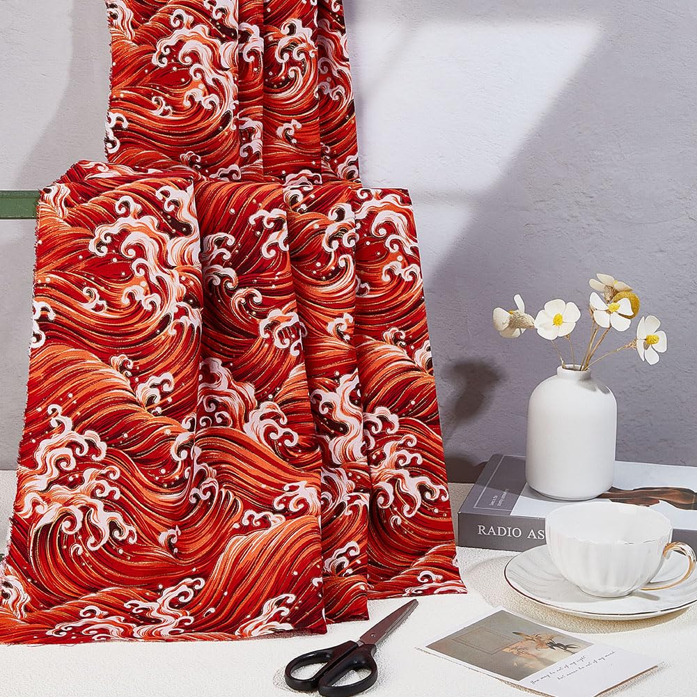 MAYJOYDIY 1 * 1.5m Orange Red Japanese Sea Wave Cotton Fabrics Japanese Style Quilting Fabric Bronzing Design for Sewing Clothing Bag Tablecloth Sofa Pillow DIY Crafts - Image 4