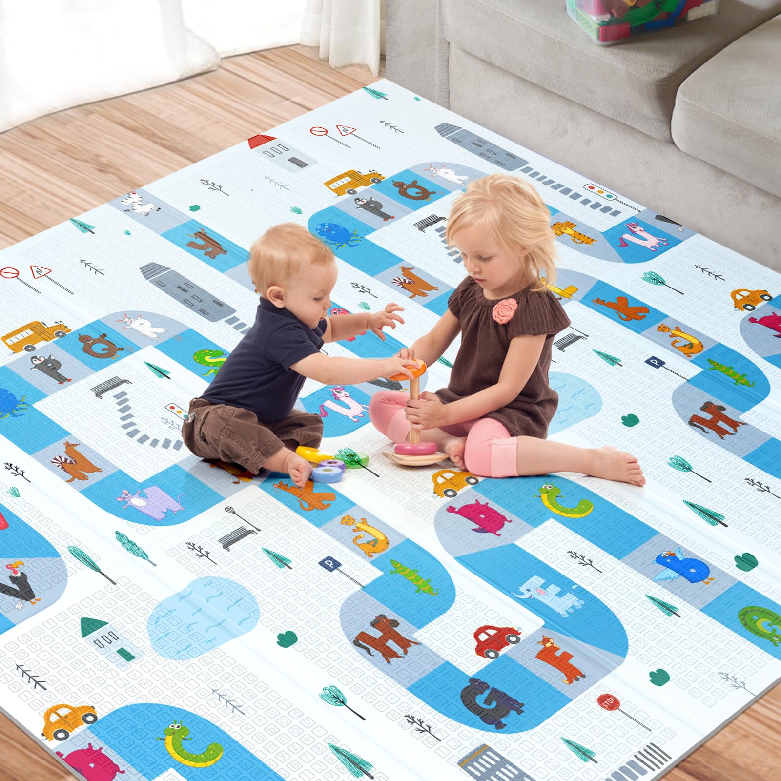 OSLINE Baby Play Mats for Floor,Newborn Foldable Foam Playmat,Baby Crawling Mat,Large Baby Soft Play Mats for Floor From Birth,Waterproof Double-Sided Play Mat for Toddlers(197×177×1cm）