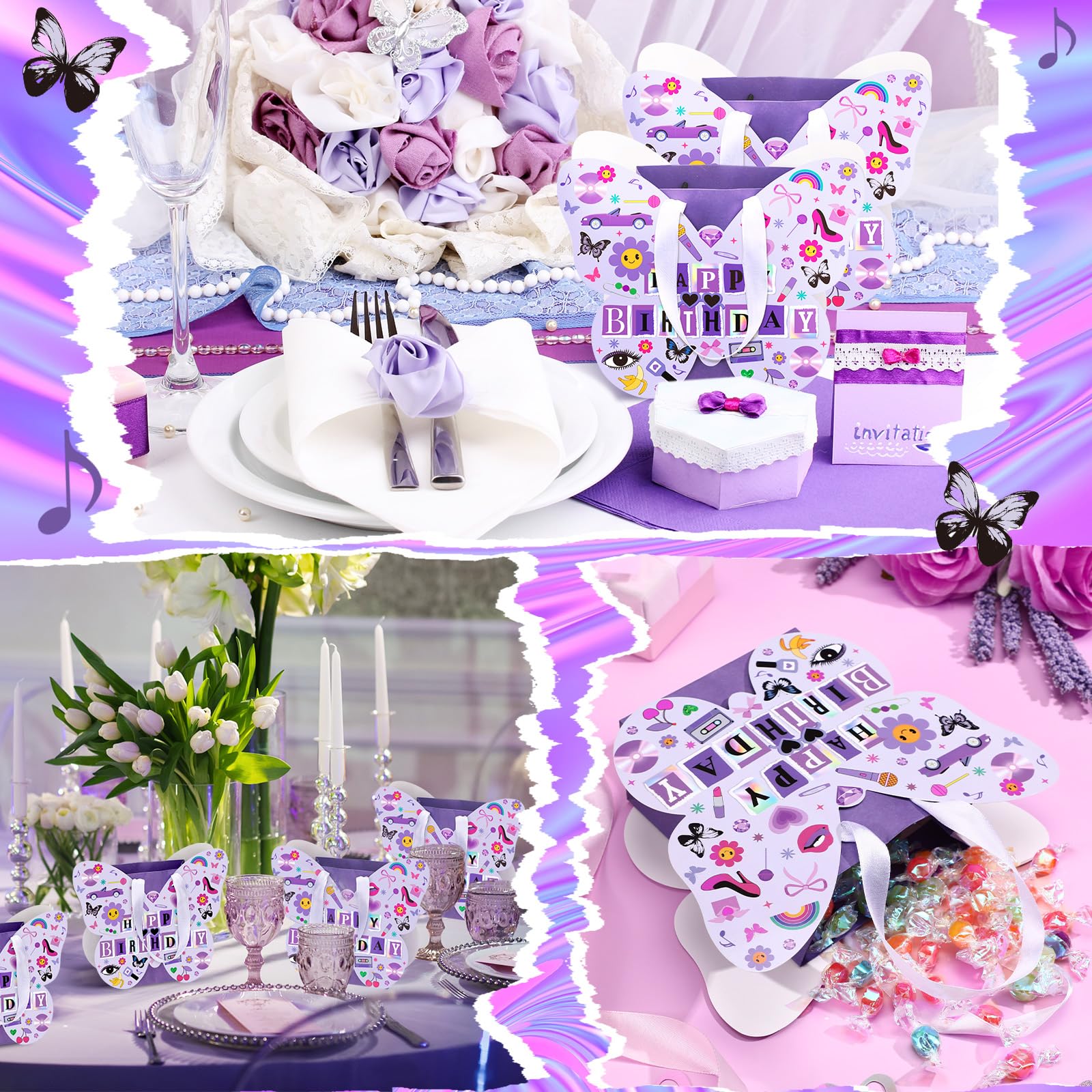 Sweetude Confezione da 24 sacchetti regalo con musica pop viola, a forma di farfalla, per feste di compleanno, cantanti, bomboniere, farfalle, sacchetti per caramelle per compleanno, cantanti