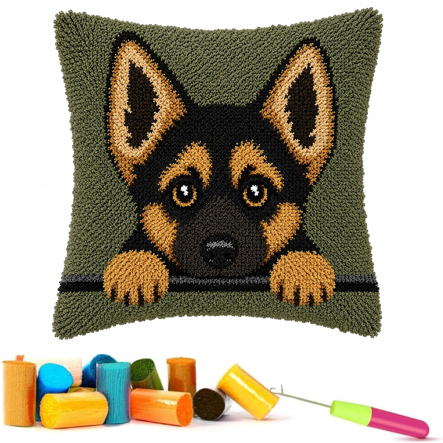 EMISTEM Latch Hook Kits for Adults - Latch Hook Pillow Kits, Crochet Yarn Kit for Beginners, Cross-Stitch Embroidery Cushion Cover Case with Printed Canvas. (Cute Puppy,17x17 inch)