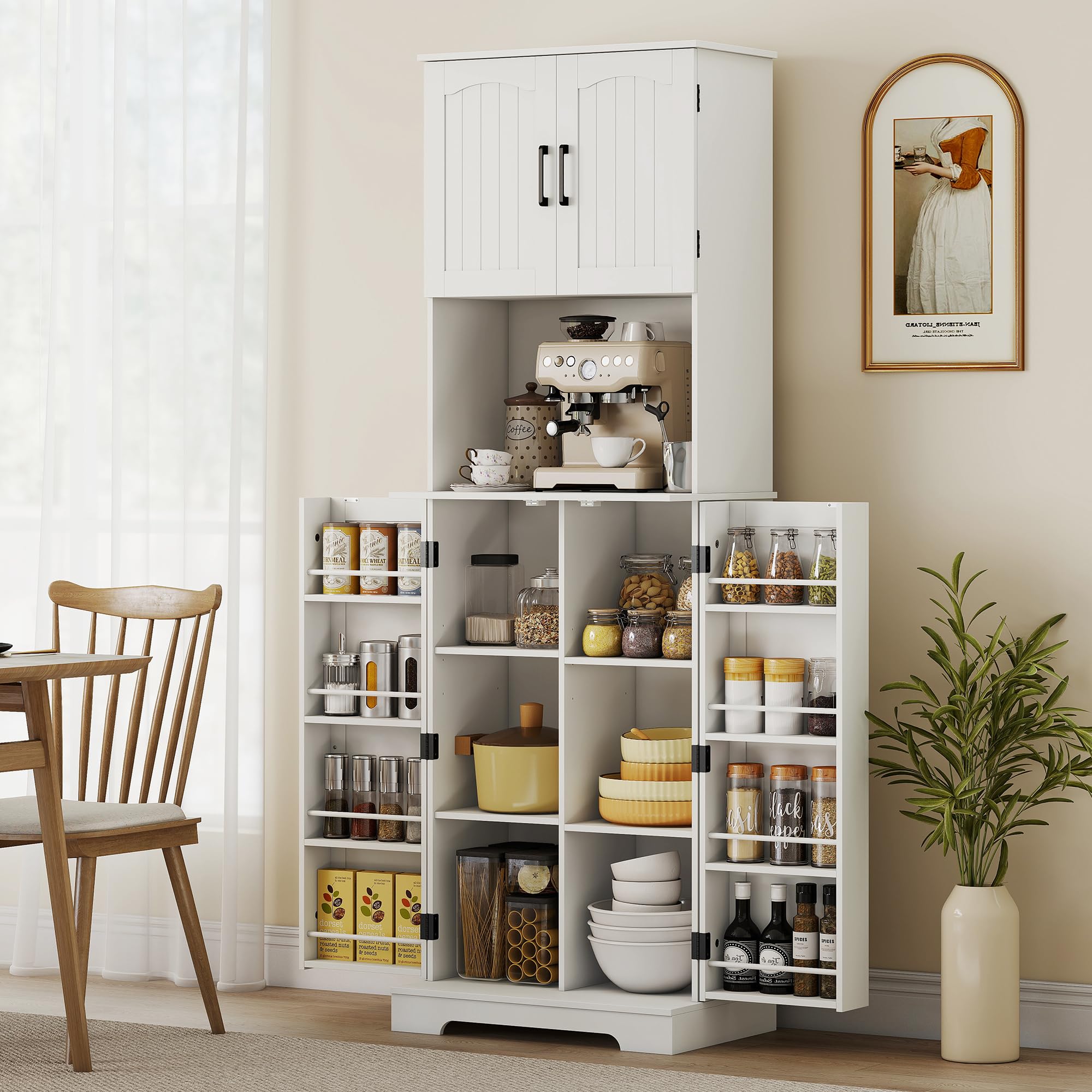 HOMCOM Credenza da cucina con 4 ante e 8 porta spezie e ripiani regolabili per soggiorno, sala da pranzo, piano di lavoro, 60 x 40 x 181,5 cm, bianco