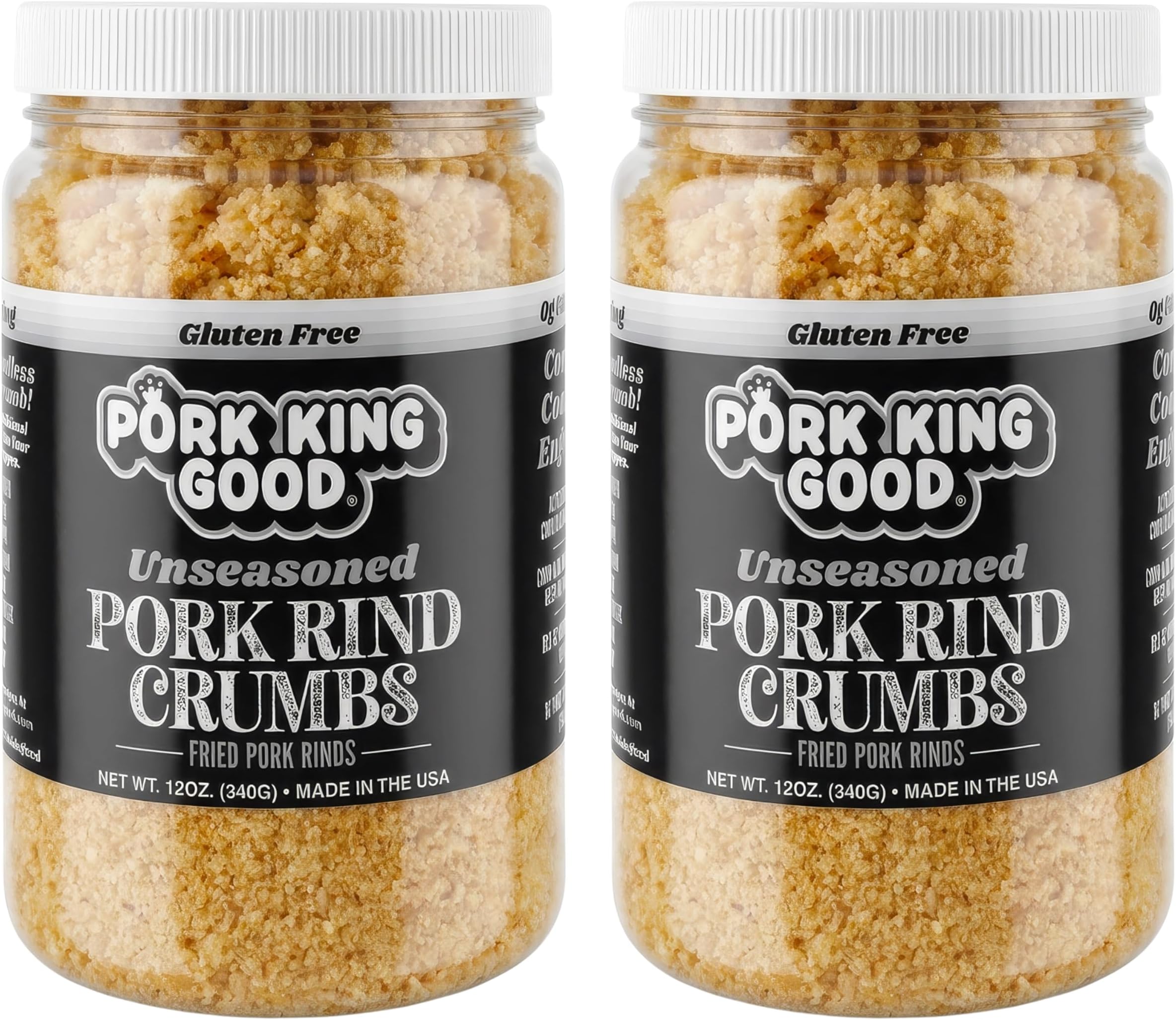 Pork King Good - Pork Rind Breadcrumbs - 2 Pack! Keto Friendly, Paleo, Gluten-Free, Sugar Free, Zero Carb Panko Substitute (Two 12 Oz Jars) (Unseasoned, 2 Pack)