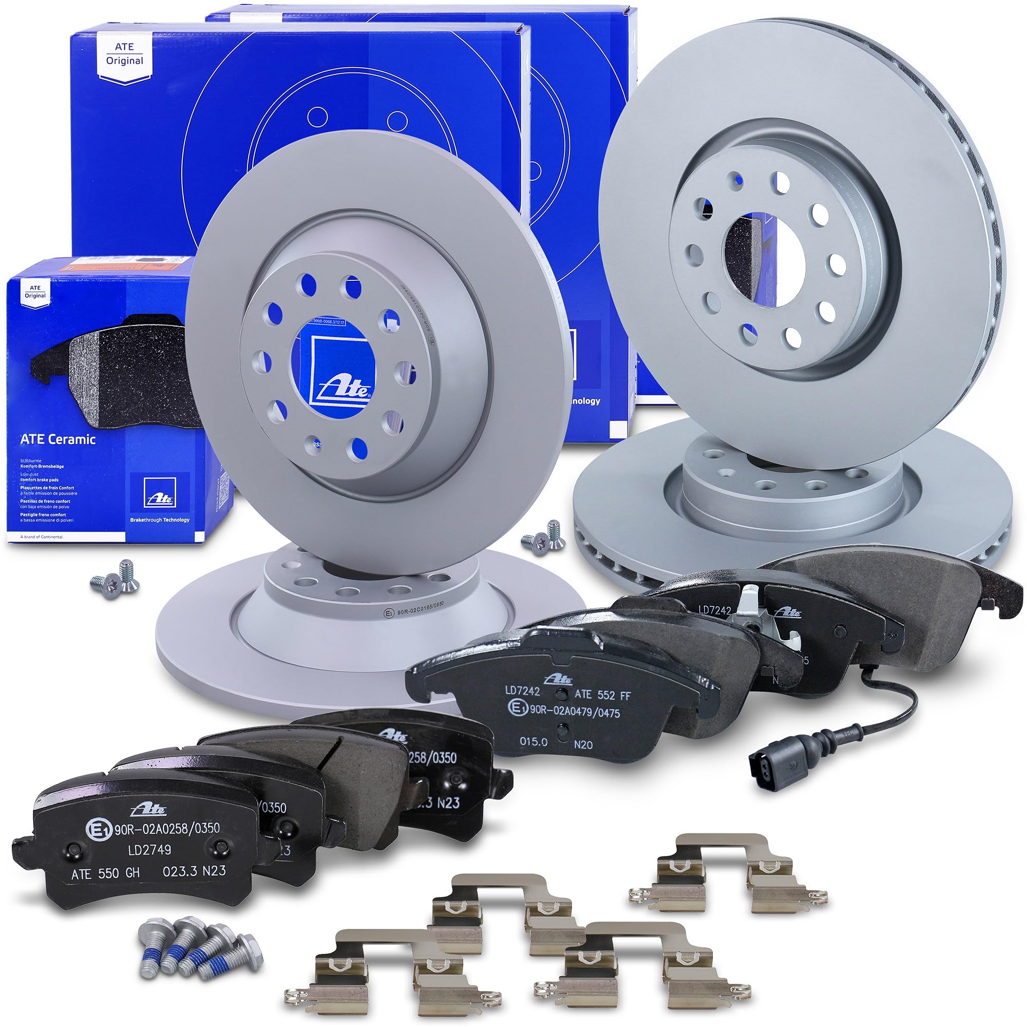 ATE Set di freni +dischi freno anteriori ¯ 312mm ventilati +posteriori pieni e pastiglie freno ceramiche anteriori +posteriori Compatibile con AUDI Q3, SEAT ALHAMBRA, VW SHARAN, TIGUAN