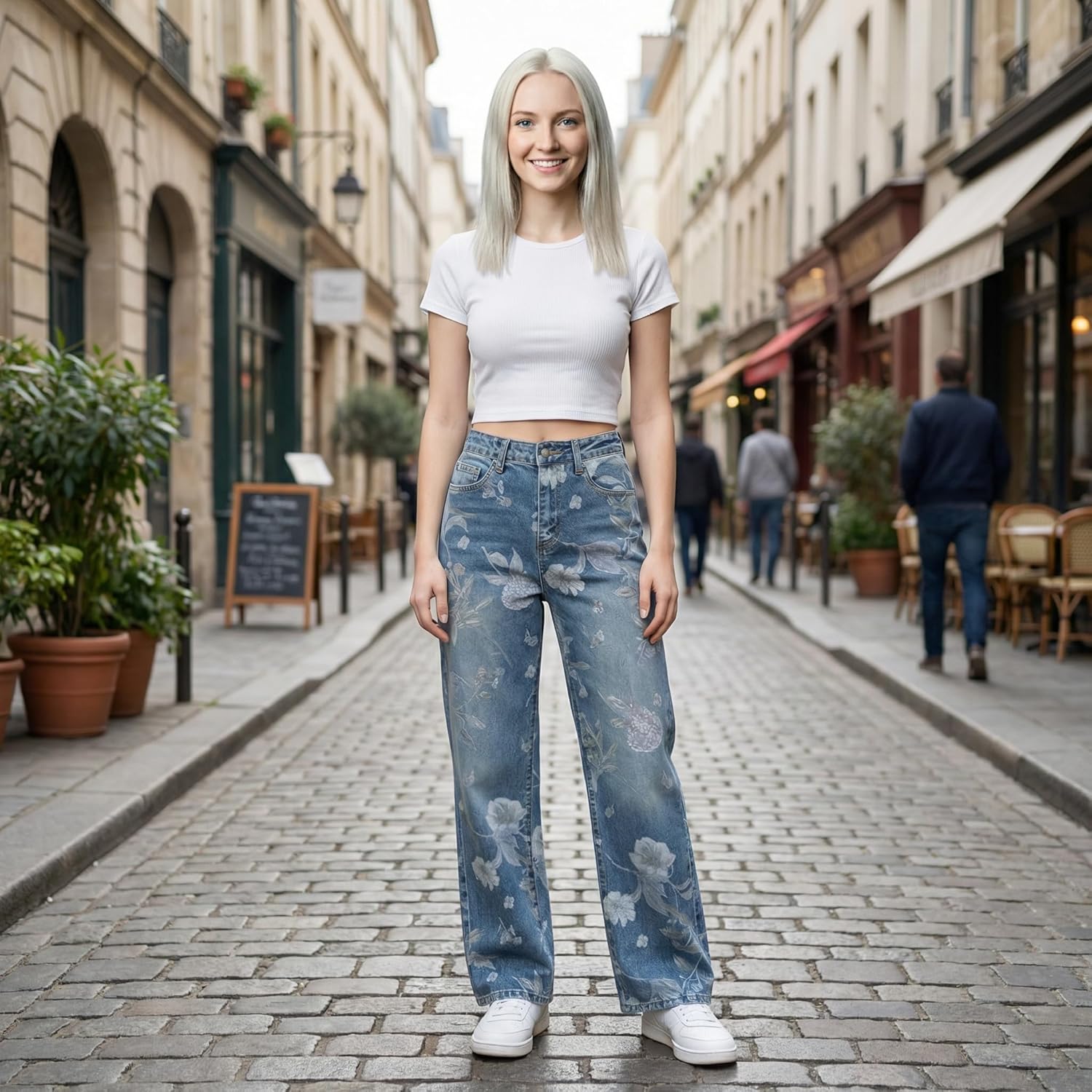 Women's Floral Print High Waisted Jeans - Stretch Denim Straight Leg Pants, Casual Summer Trousers