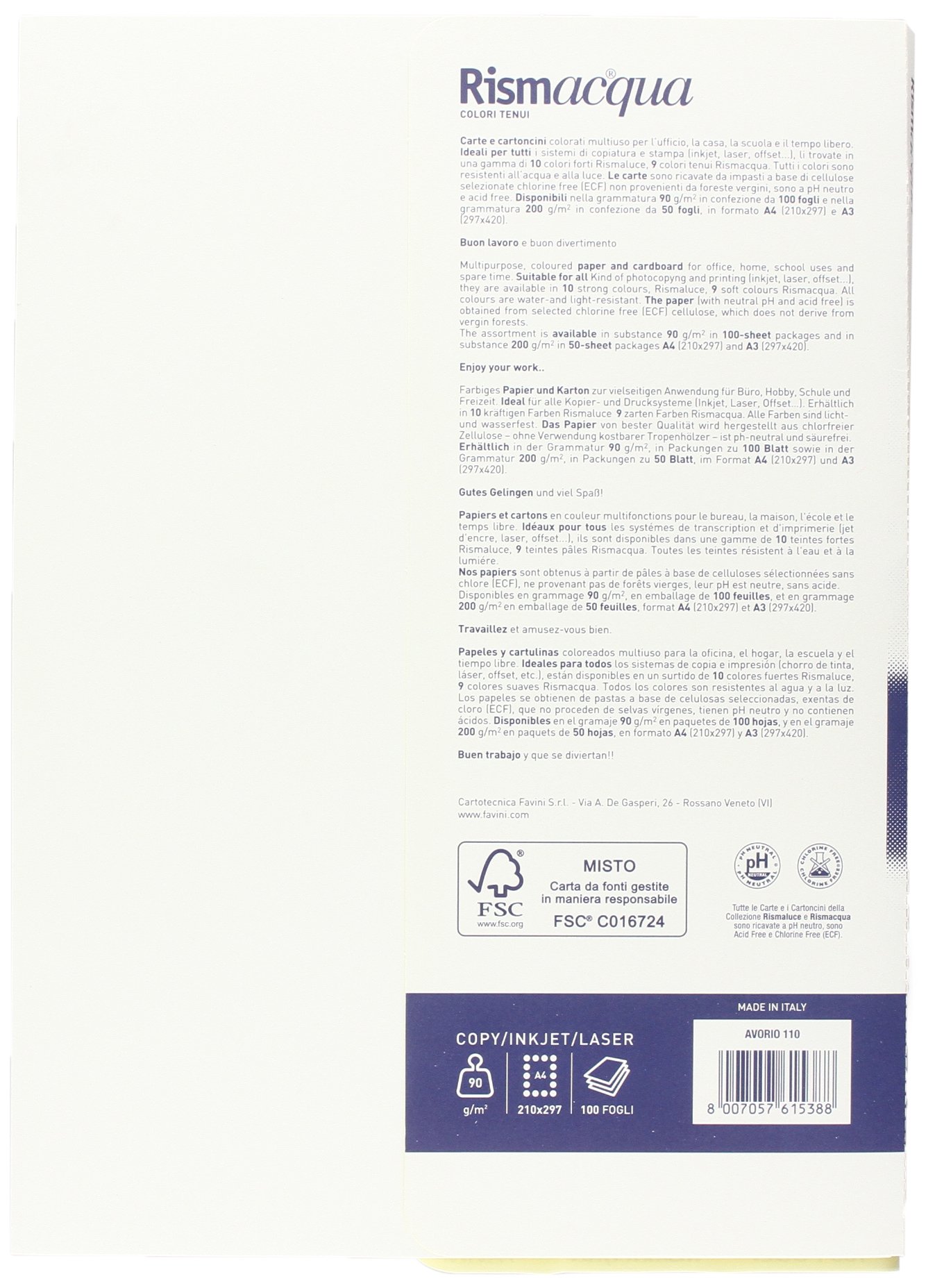 Favini A69Q144 Rismacqua Carta Avorio 90g A4 100 Fogli