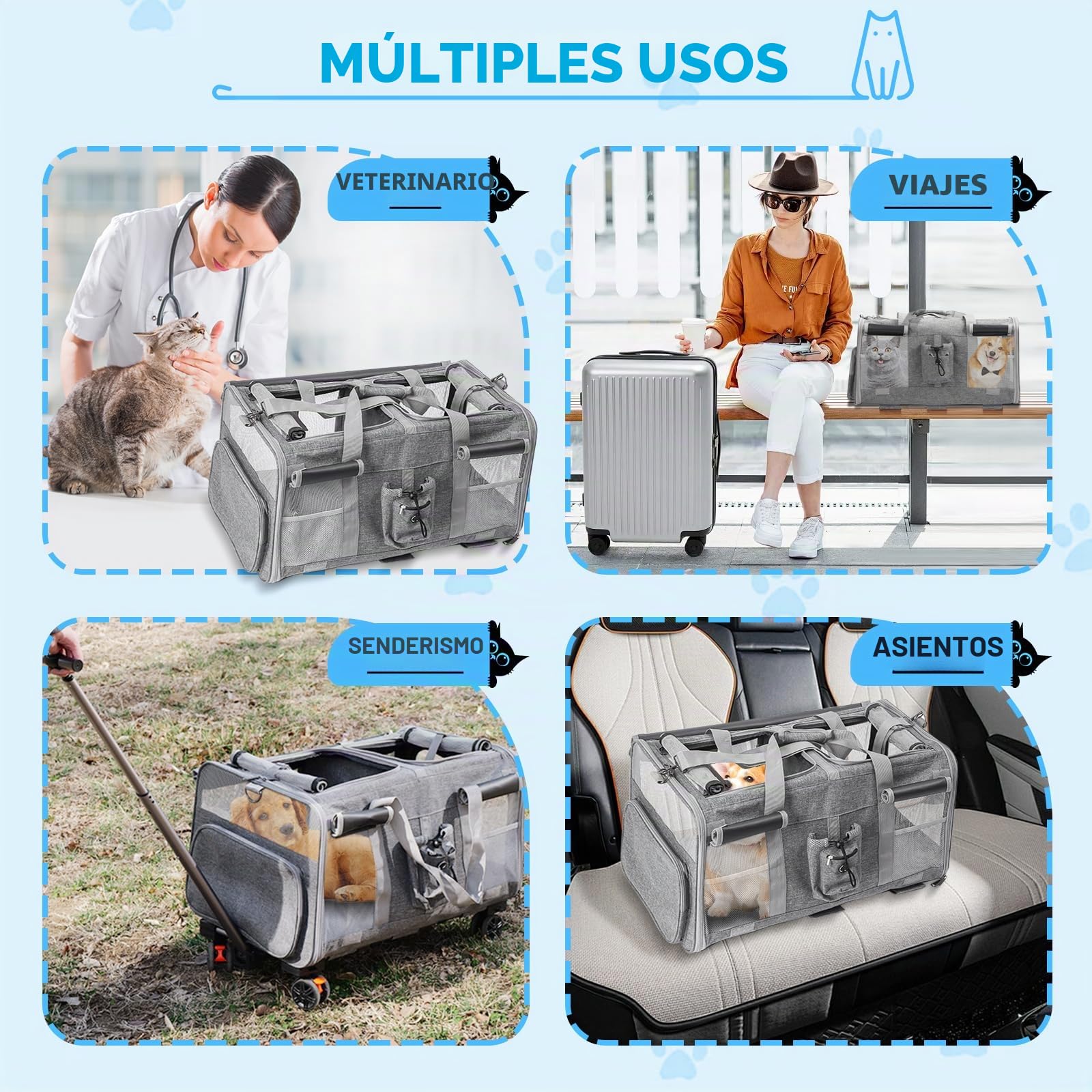 Transportín para Mascotas con Ruedas y Asa Telescópica, Carga Máxima 20 kg, Expandible Transportin Gato/Perro, para Viajar en Tren/Automóvil/Restaurante/Avión