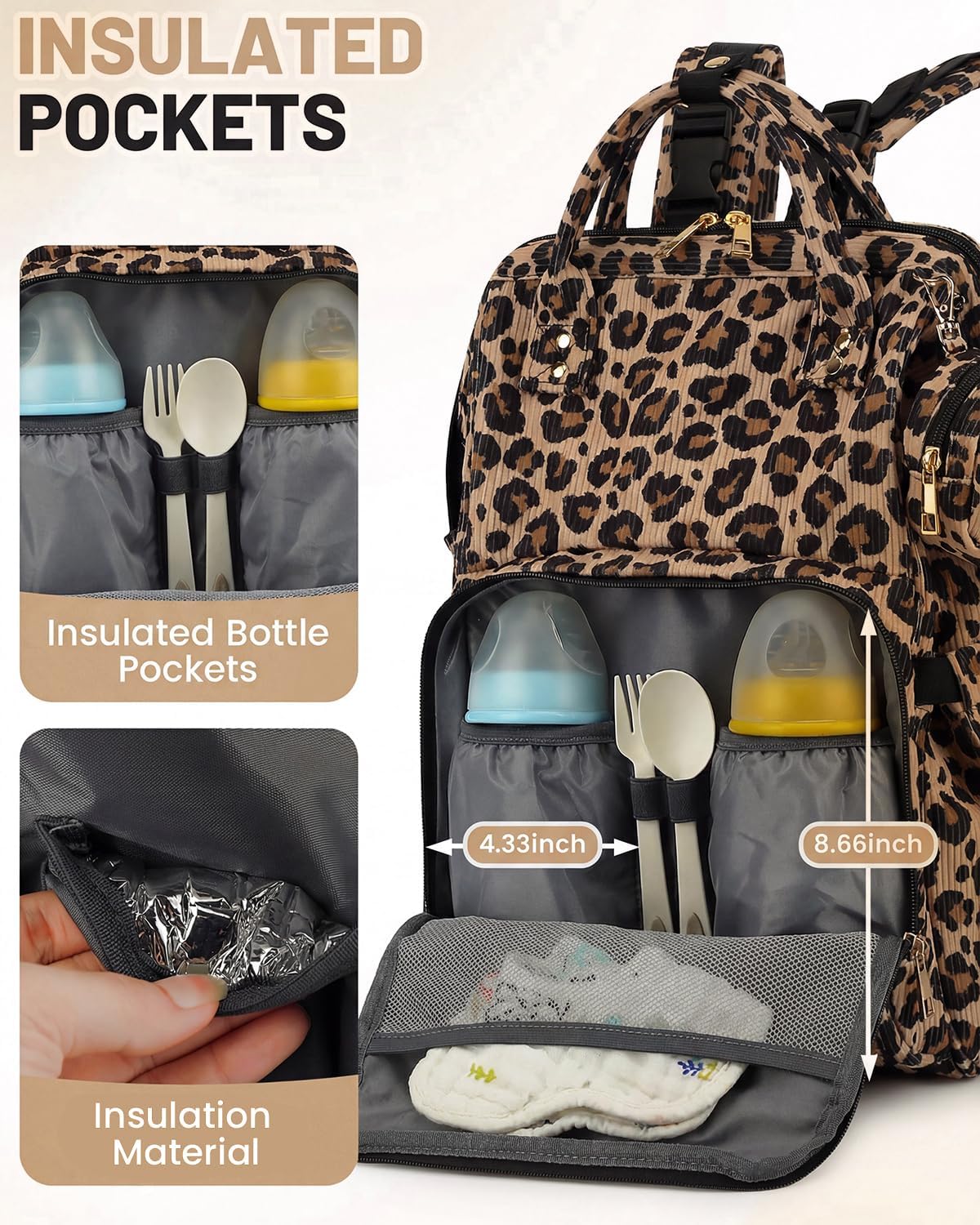 Corduroy Diaper Bag Backpack, Large Capacity Multifunction Baby Diaper Bags for Women, Insulated Bottle Pockets & Pacifier Case, Stylish Travel Nappy Changing Bags for Mom Dad (Leopard Brown)