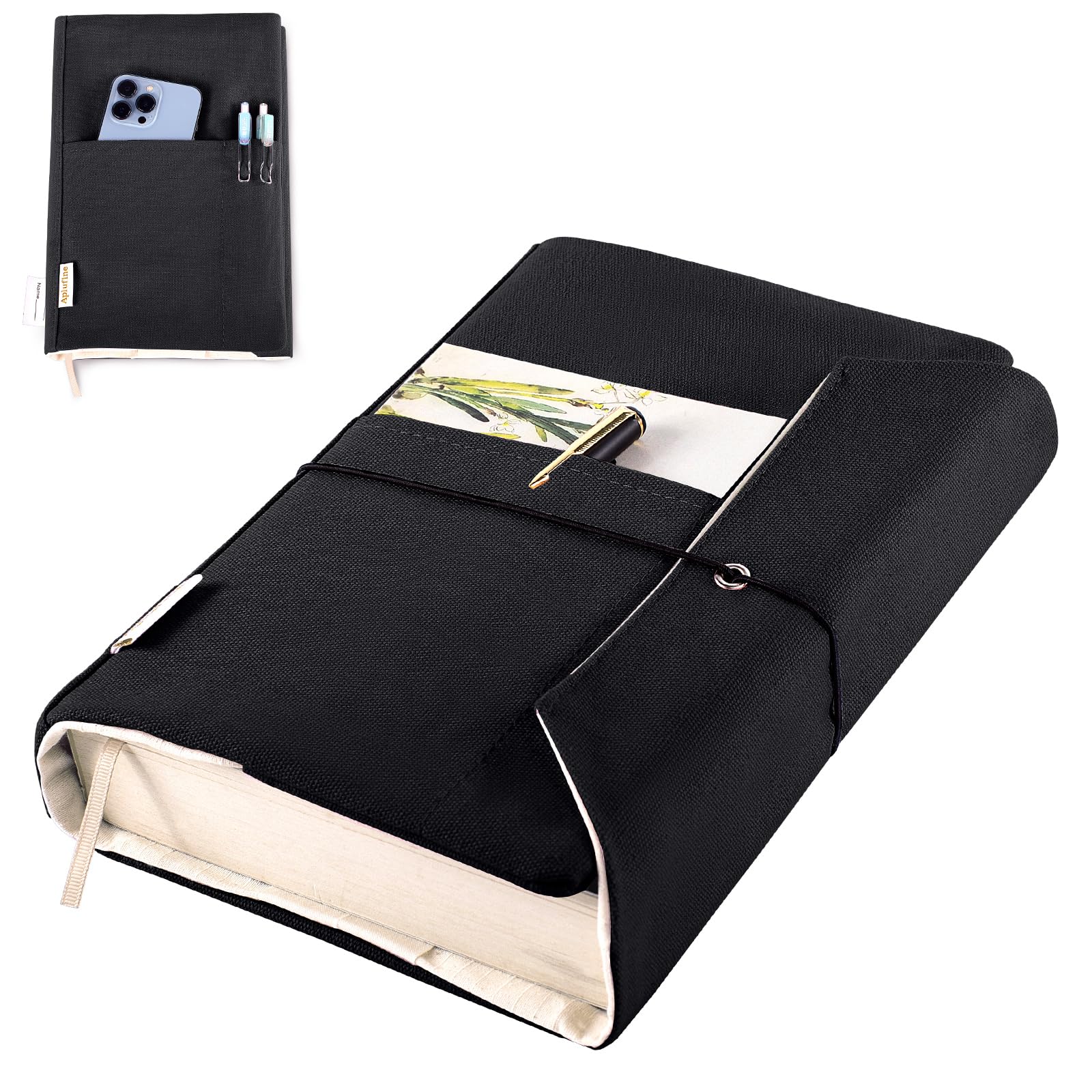 Aplufine Canvas Book Covers, Washable Book Protector, Adjustable Book Cover for Hardcover & Paperback, Black, Cotton, Slip-On, Book Lovers Gifts