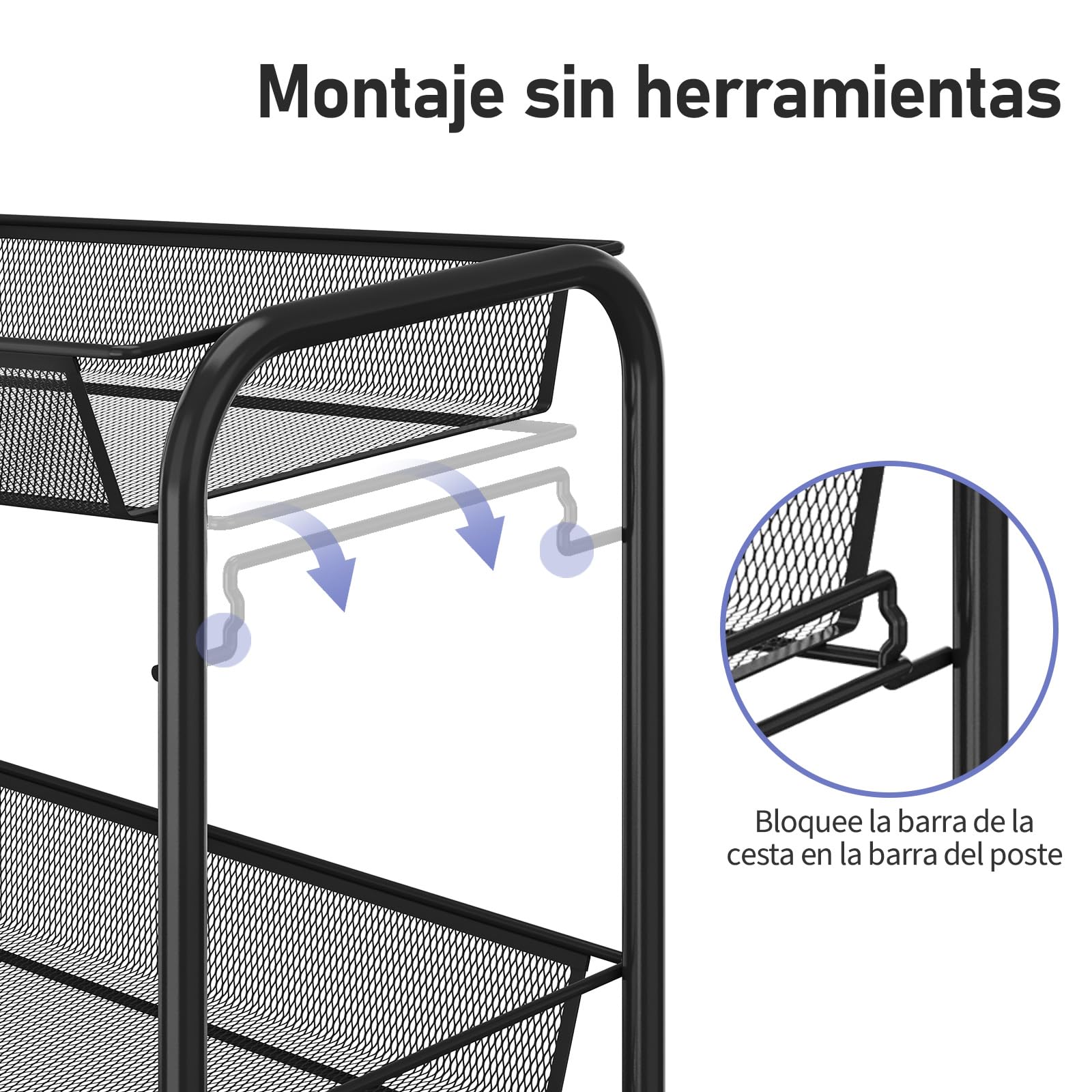 Urackify Carrito Auxiliar con Ruedas 3 Niveles, Carro Cocina Móvil para Baño, Cocina Carro de Almacenamiento con Ruedas de Metal Resistente al Óxido, Negro
