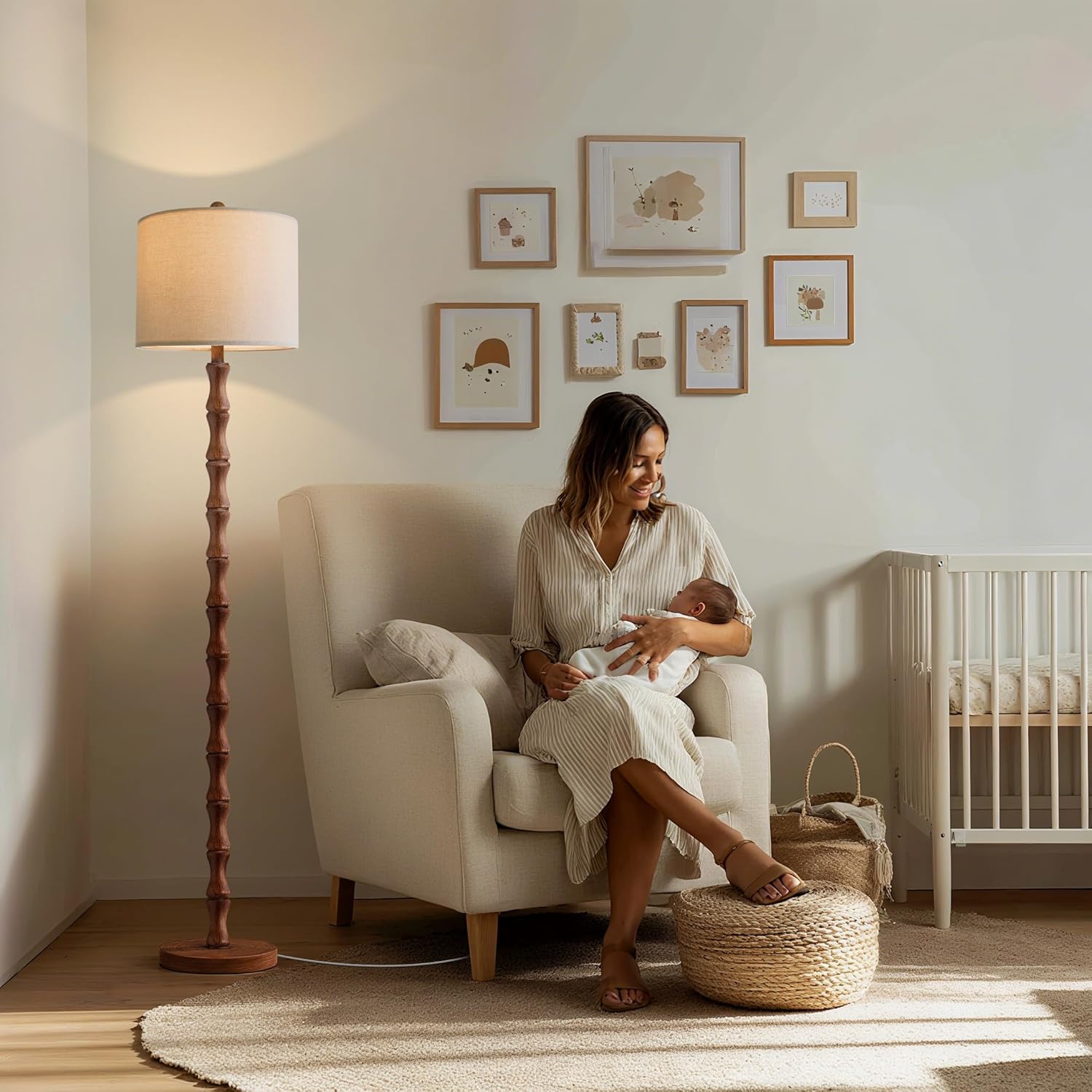 BOBOMOMO 62" Rustic Farmhouse Floor Lamp with Remote & Dimmable 9W Bulb, 3 Color Temperatures Tall Resin Standing Lamp, Retro Floor Lamp for Living Room, Bedroom, Office, Nursery, Reading Nock