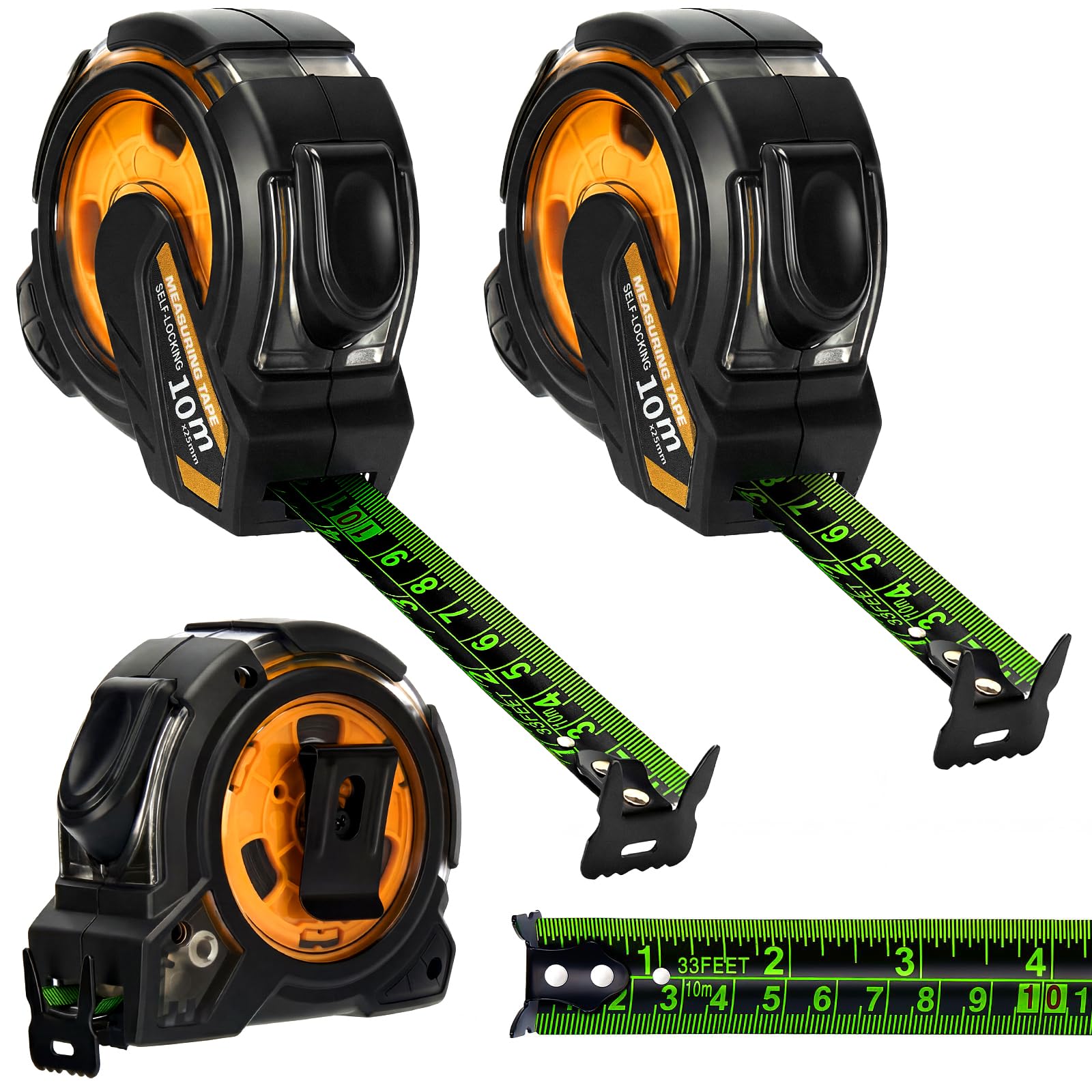 2 Pack 10M Fluorescent Steel Tape Measure - Retractable Stainless Steel Measuring Tape, Self-Lock Precision 10 Metre Tape Measure, Double-Sided Graduated, 25mm Width, Waterproof Metric Ruler
