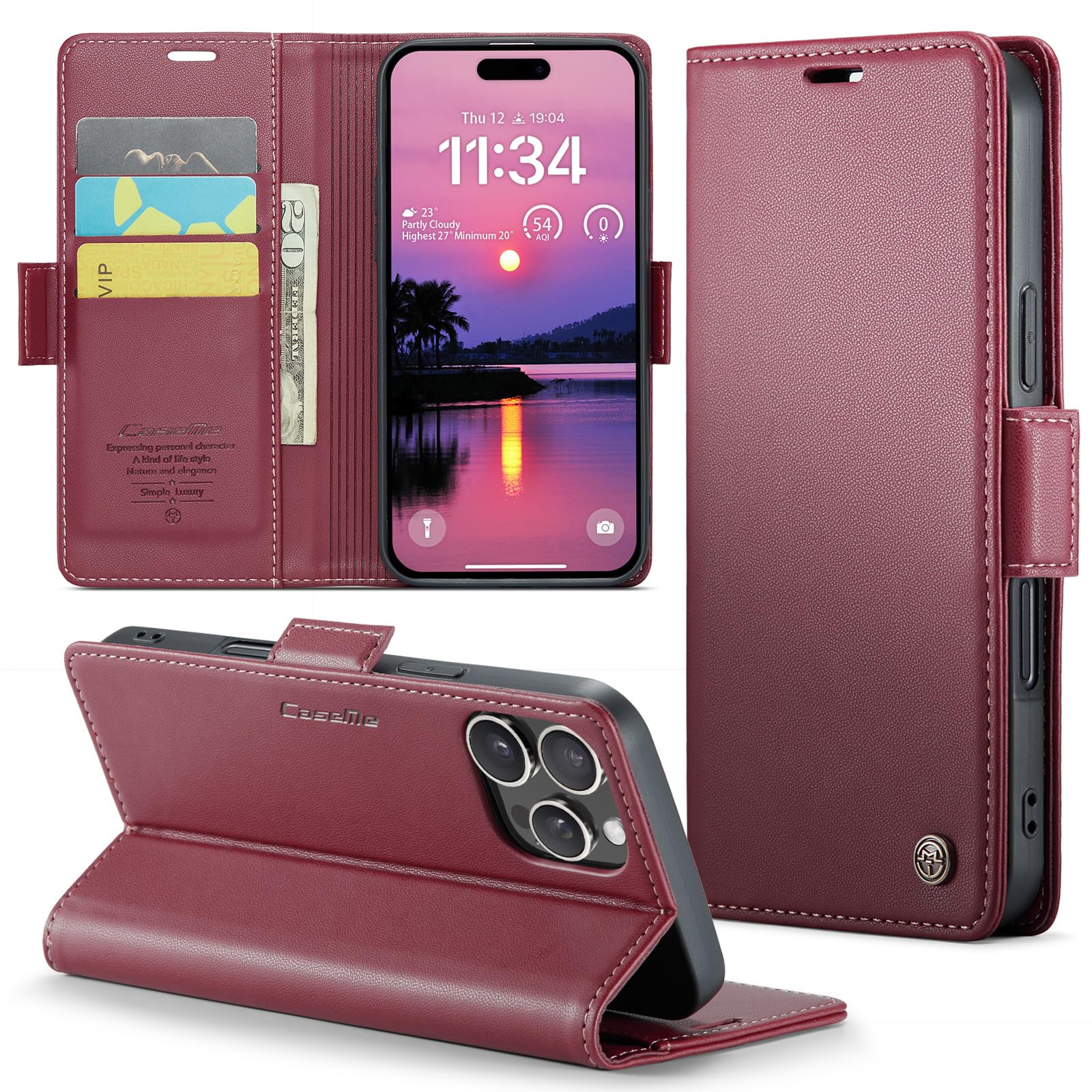 Etui do iPhone 16 Pro, wysokiej jakości skórzane portfela Case z [blokada RFID] stojak magnetyczne karty klapką ochrona obudowa Kompatybilne iPhone 16 Pro, Czerwony