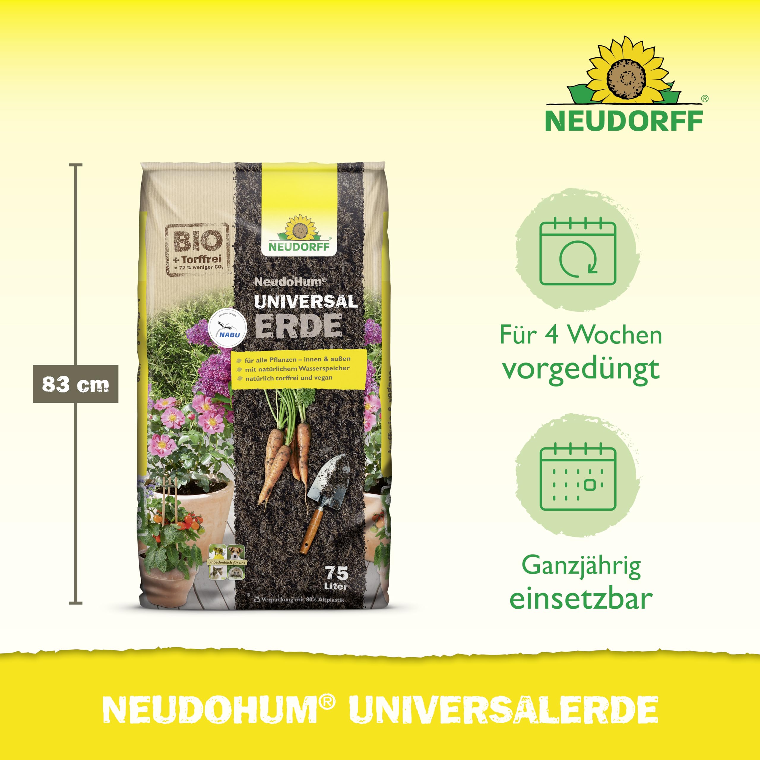 Neudorff NeudoHum UniversalErde 75L Erde torffrei für Balkonpflanzen - Bio Gemüseerde für Balkonpflanzen und Zimmerpflanzen - für bis zu 4 Wochen vorgedüngt