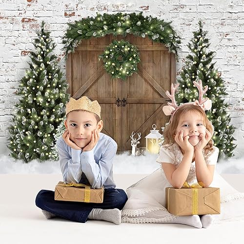 Miniatura 9 de Mocsicka Telón de fondo de fotografía de casa de madera de Navidad, árbol de Navidad, corona de nieve, fondo fotográfico, puerta de granero rústica,