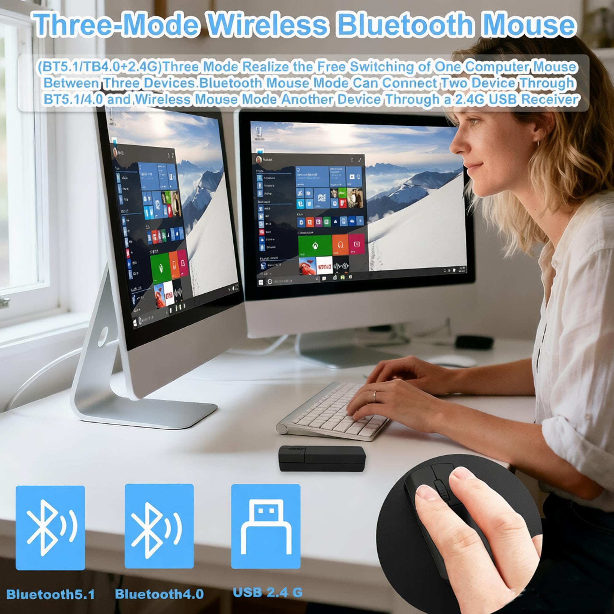 Kabellose ergonomische Finger-Bluetooth-Maus, 2,4 GHz, Mini-Maus, wiederaufladbar, Dual-Modus, drei Geräte, 2-in-1-Seitenwender, tragbare Computer-Hand-Luftmäuse mit Box, leise für Laptop/PC/Mac für