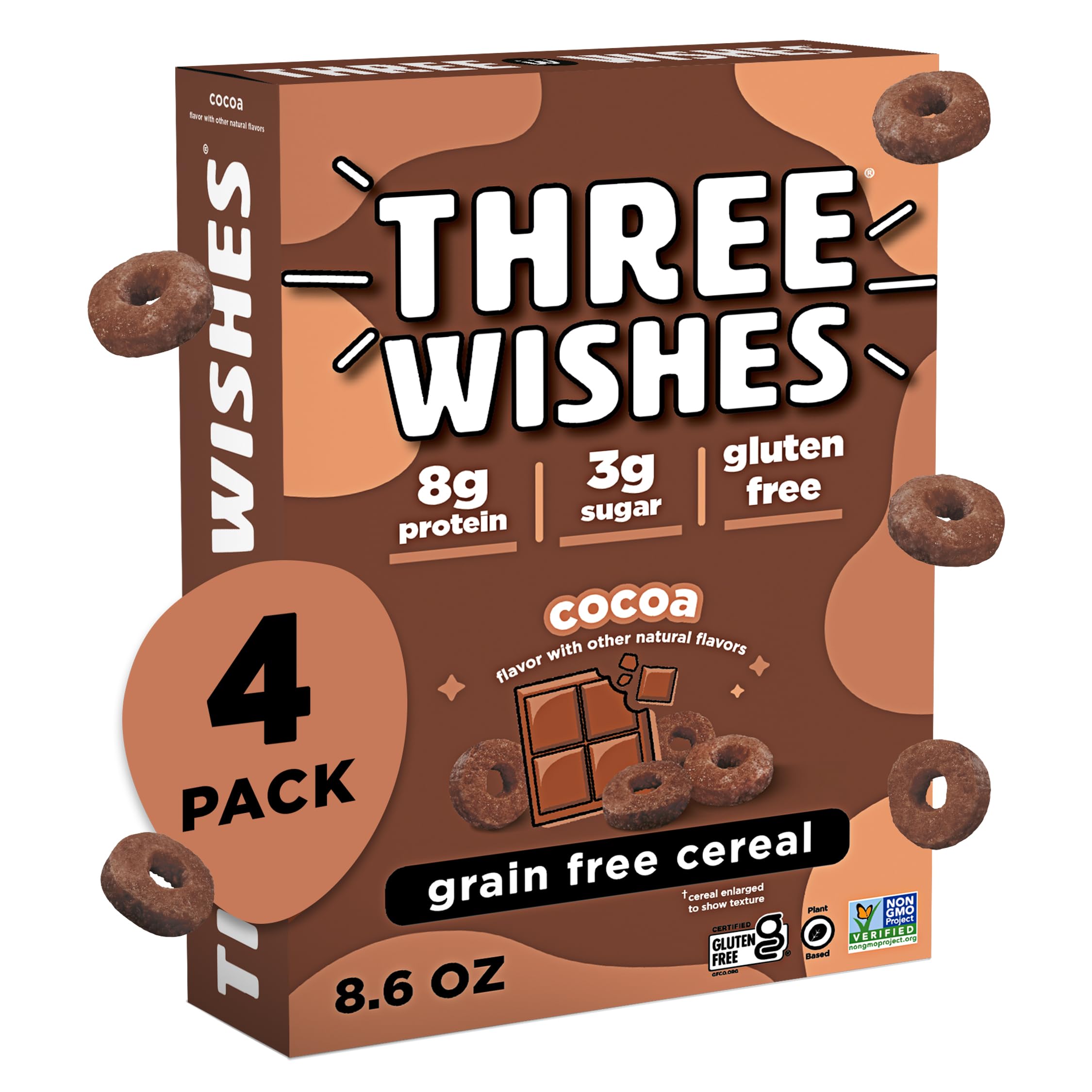 Three Wishes Protein and Gluten-Free Breakfast Cereal - Cocoa, 4 Pack - High Protein and Low Sugar Snack - Vegan, Kosher, Grain-Free and Dairy-Free - Non-GMO