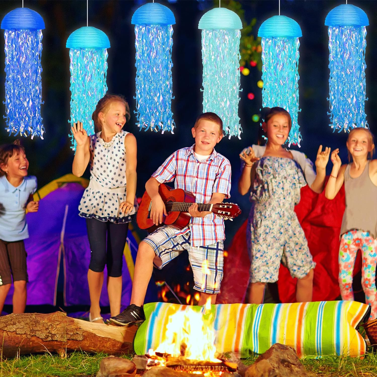 12 Set LED Jelly Fish Paper Lanterns with Lights Blue Hanging Jellyfish Party Decoration Under The Sea Light Up Paper Lantern Lamps for Ocean Mermaid Birthday Baby Shower Baby Room Party Supplies