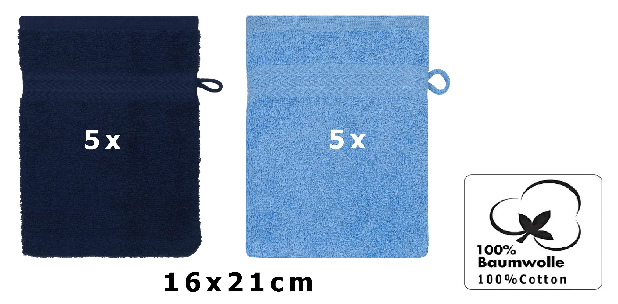 Confezione 10 Guanti Da Bagno In 100% Cotone 500 G/m² - 15x21 Cm - Morbidi E Assorbenti, Colore Blu Reale Con Cordino