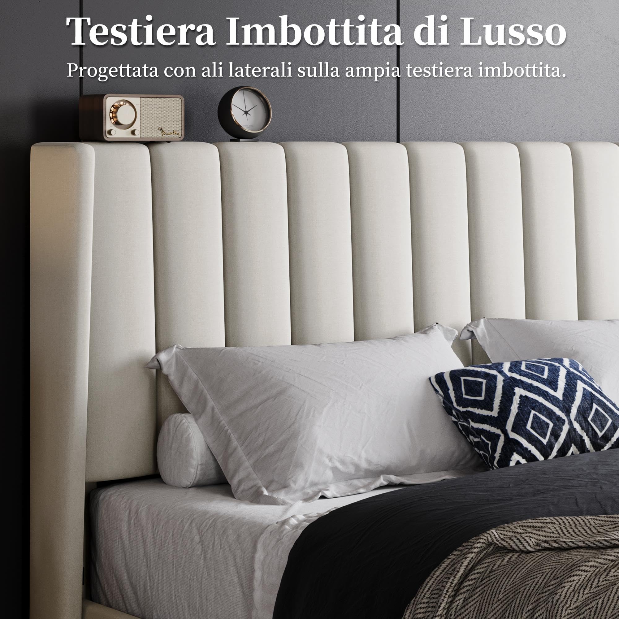 Yaheetech Letto Imbottito 160 x 200 cm Matrimoniale Testiera a Strisce con Rete a Doghe in Legno e Metallo Struttura Letto a Piattaforma Antirumore Montaggio Facile e Veloce Beige