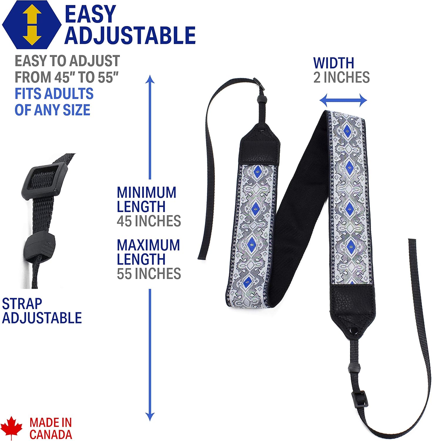 Perri’s Leathers Ltd Camera Strap, 2” inch Wide Jacquard, Soft & Vibrant, Adjustable Length, Made in Canada