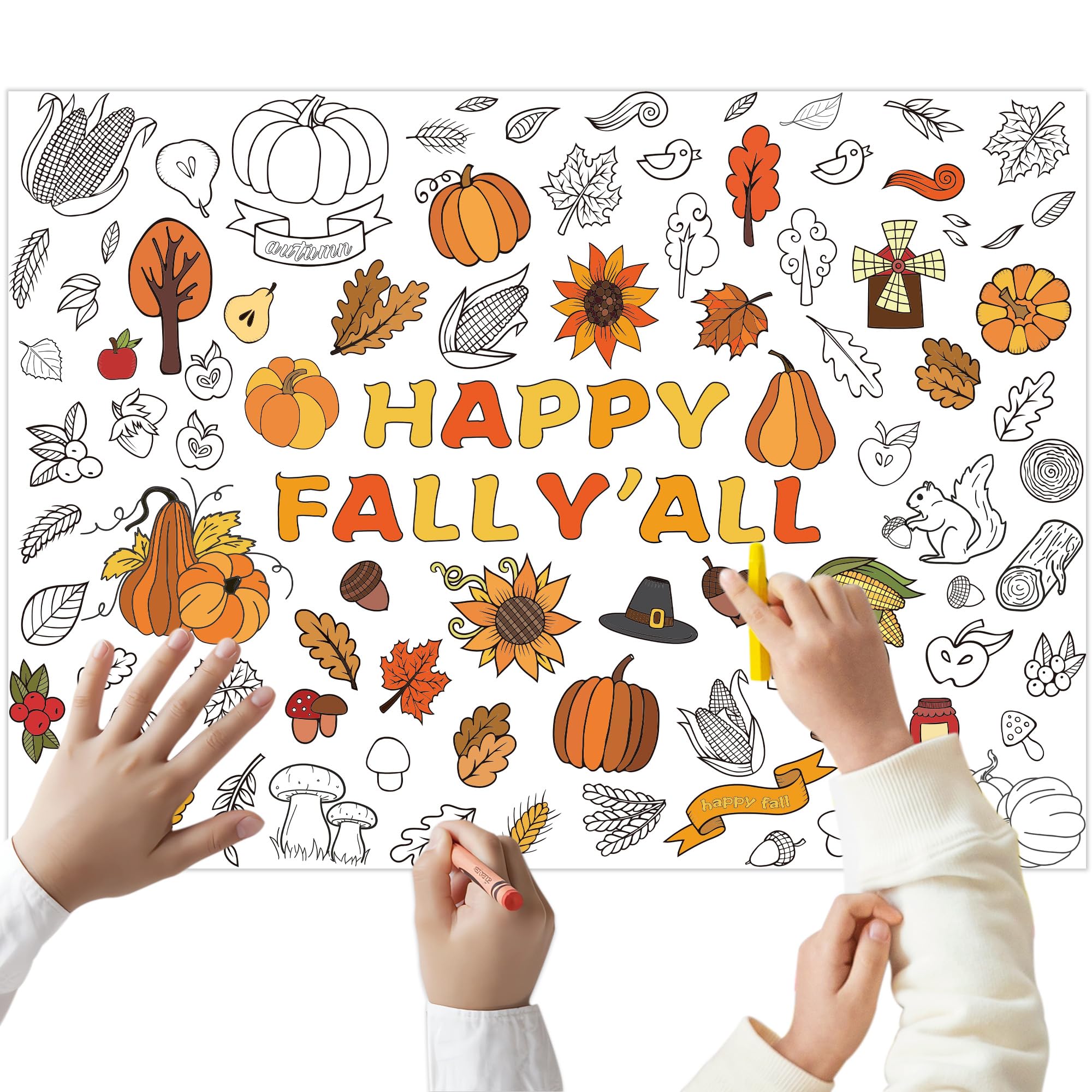 Thanksgiving Coloring Poster Fall Giant Coloring Paper Poster Happy Fall Y'all Jumbo Coloring Banner for Kids Classroom Group Activities DIY Autumn Thanksgiving Party Favors, 43.3 x 31.5 Inch