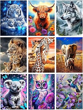 9 Pack Diamond Painting Kits for Adults, Animal Diamond Art Kits for Beginners, 5D DIY Full Drill Lion Tiger Owl Wolf Diamond Arts Kits for Home Wall Decor Gifts 12x16 Inch