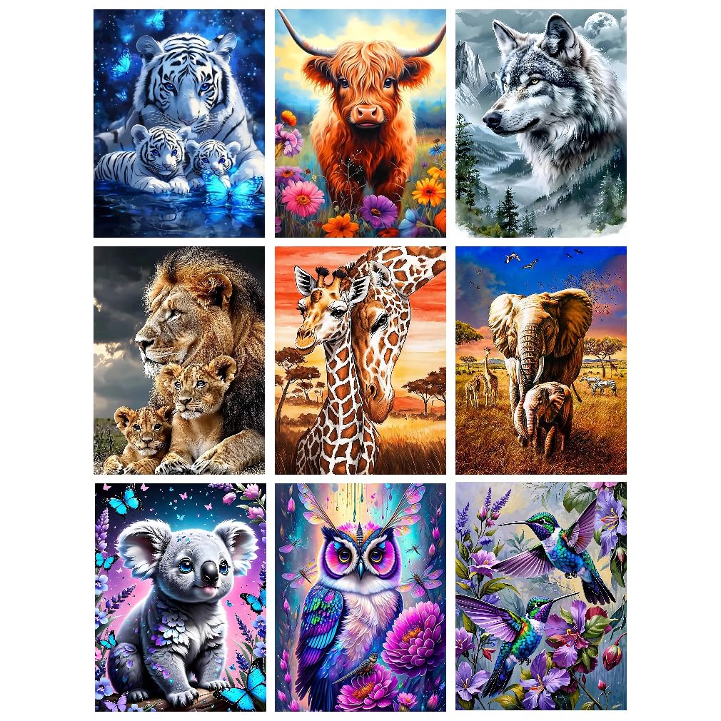 GJSZZO 9 Pack Diamond Painting Kits for Adults, Animal Diamond Art Kits for Beginners, 5D DIY Full Drill Lion Tiger Owl Wolf Diamond Arts Kits for Home Wall Decor Gifts 12x16 Inch
