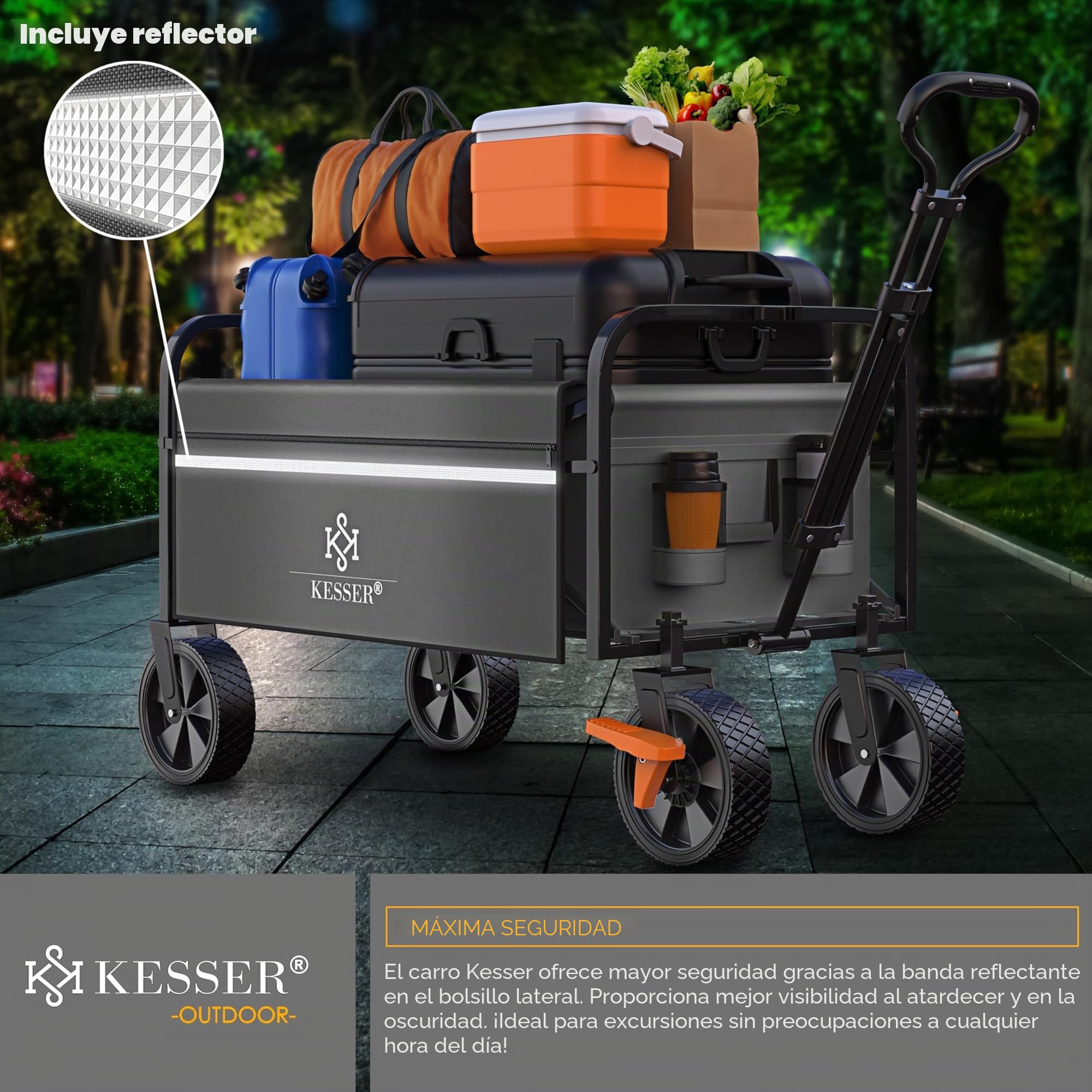 KESSER® Carro de mano plegable con capacidad de carga máxima de 150 kg y neumáticos de PVC de 360°, incluye 2 bolsillos de red, bolsillo lateral y cubierta, carro de transporte para jardín sin techo