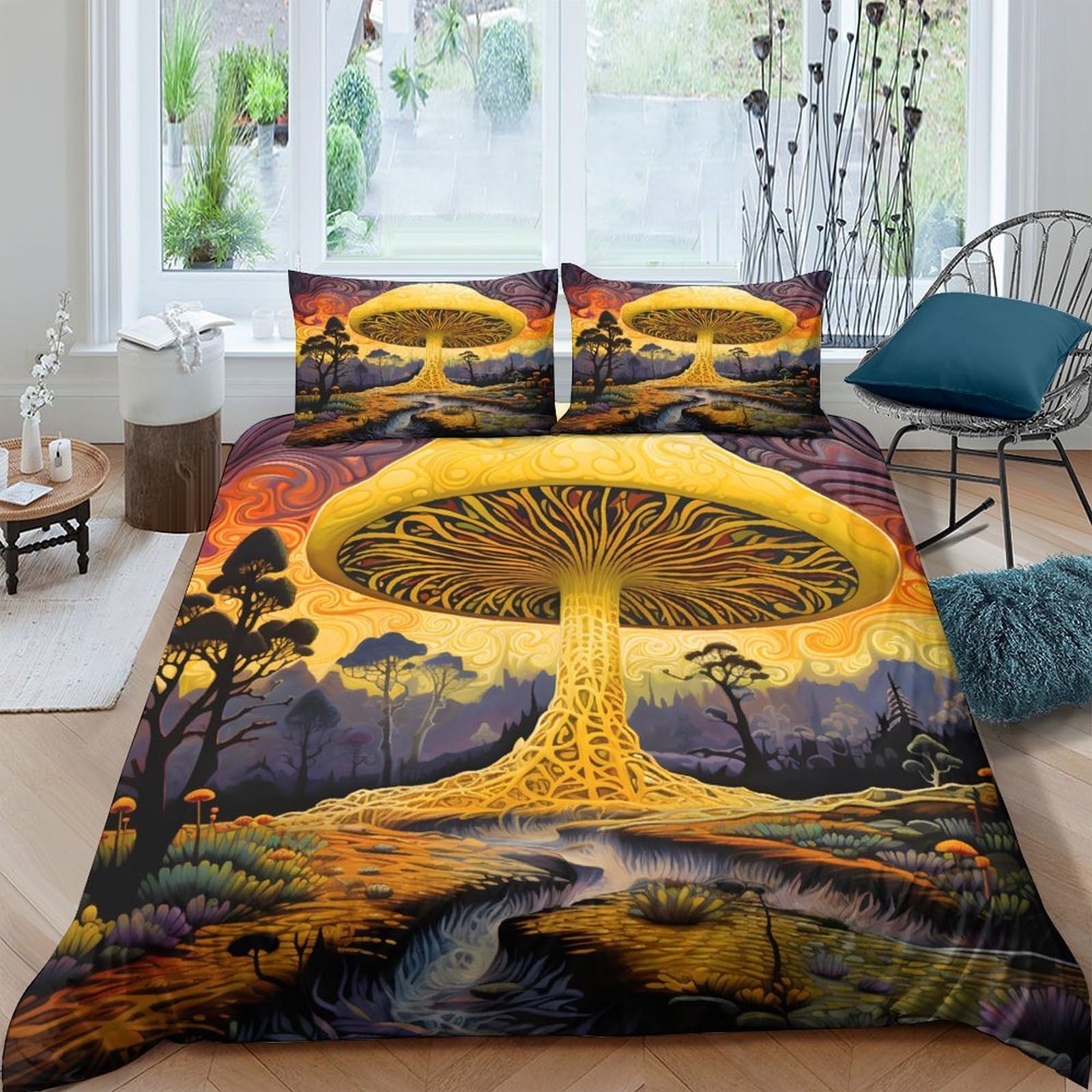 Ctjqhvkz Style-9 3D Printed Golden Fantasy Mushroom Tree Fitted Sheet Microfiber Soft Breathable Forest Bed Cover For Bedroom Guest Room Single（135X200cm）