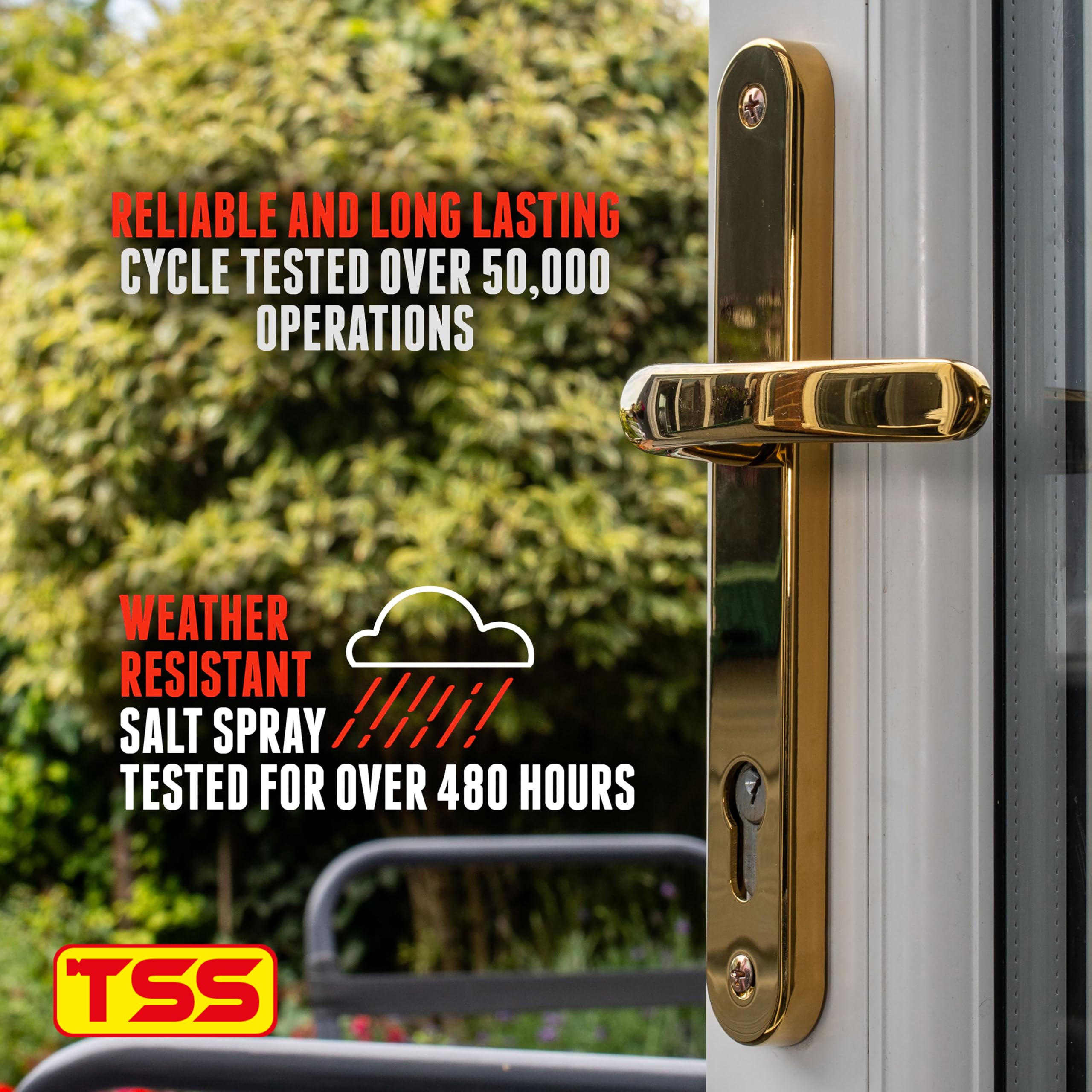 UPVC TSS Door Handle with Lever, PZ Centers, 210mm Backplate, 242x34 UPVC White (Polished Brass), 92mm - Image 3