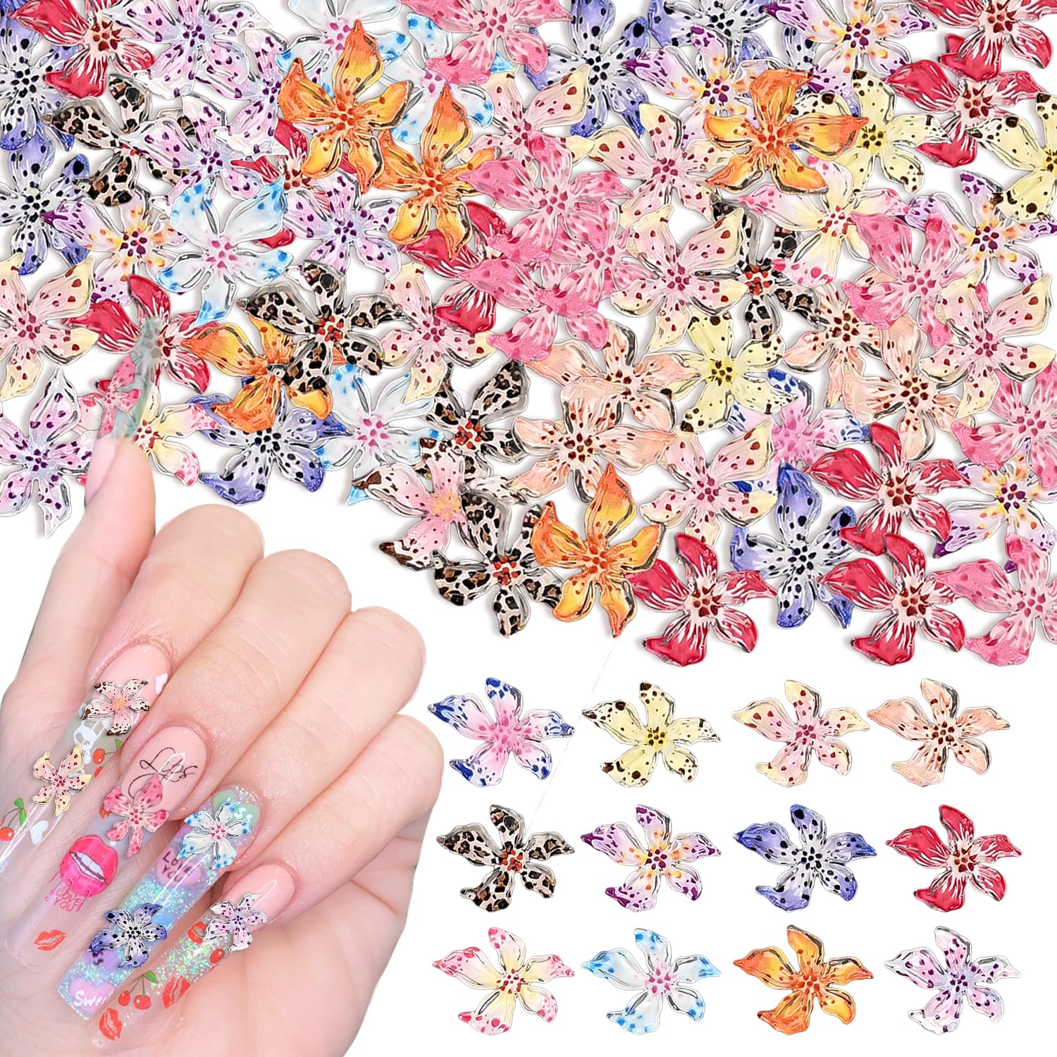 60 Pcs 3D Flower Nail Charms, Nail accessories, Summer Nail Jewellery, Ideal for Nail Art Manicure Decoration and DIY Nail Designs